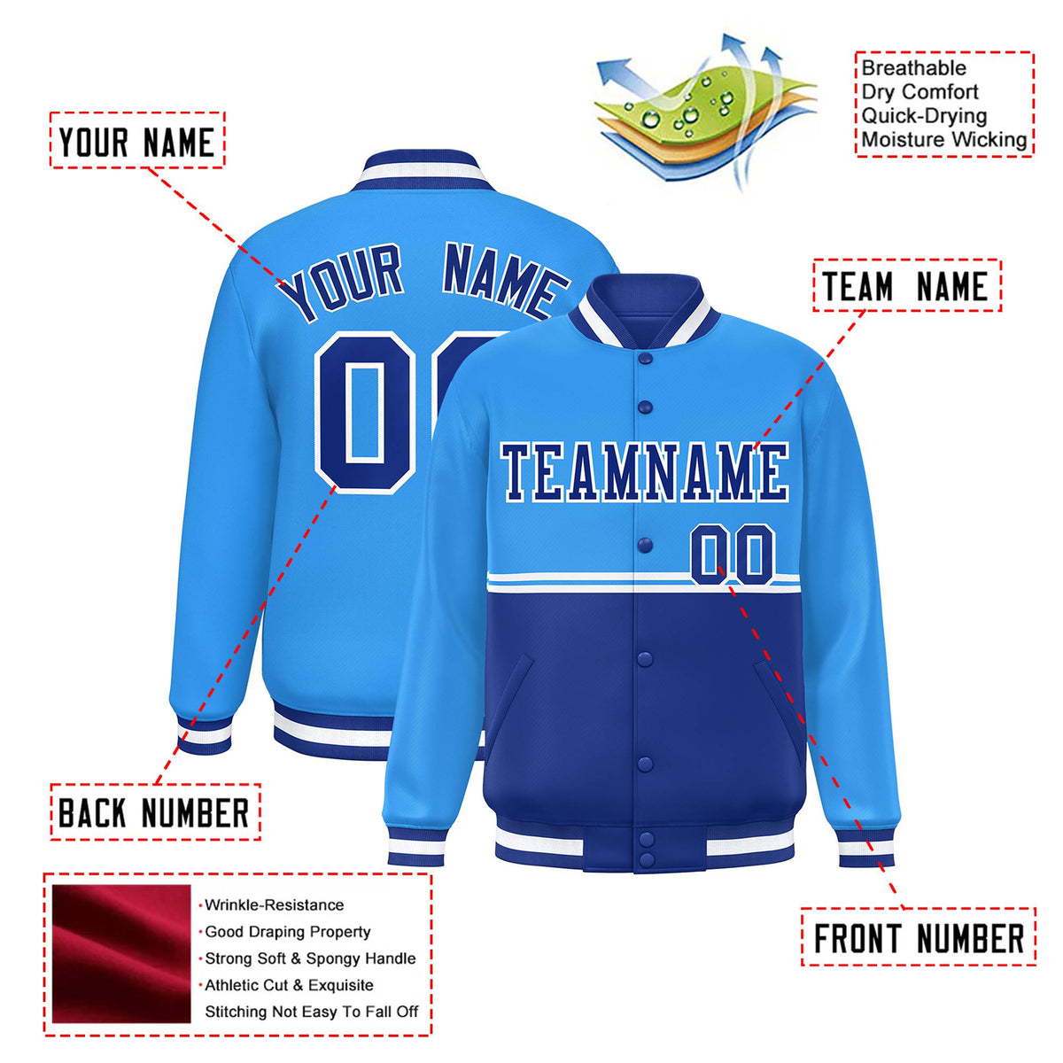 Custom Powder Blue-Royal Blue-Powder Blue Varsity Full-Snap Letterman Color-Matching Split Fashion Jacket