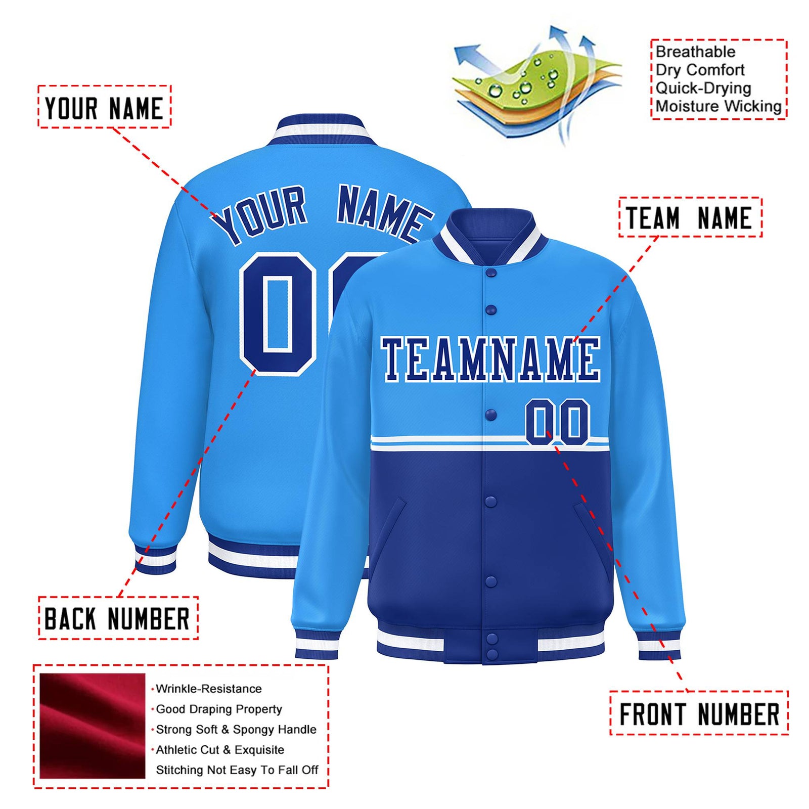 Custom Powder Blue-Royal Blue-Powder Blue Varsity Full-Snap Letterman Color-Matching Split Fashion Jacket