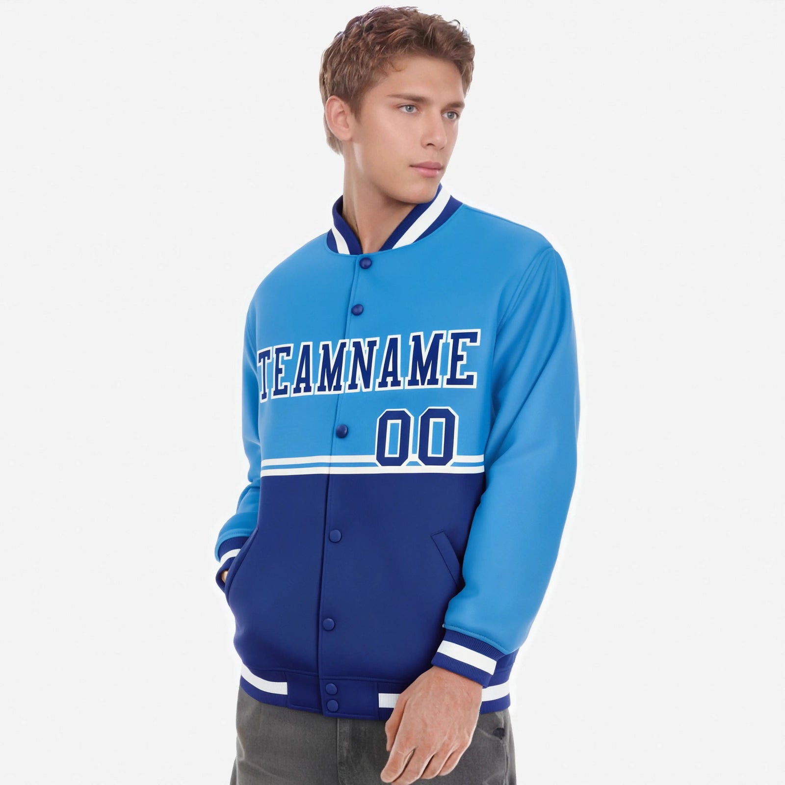 Custom Powder Blue-Royal Blue-Powder Blue Varsity Full-Snap Letterman Color-Matching Split Fashion Jacket