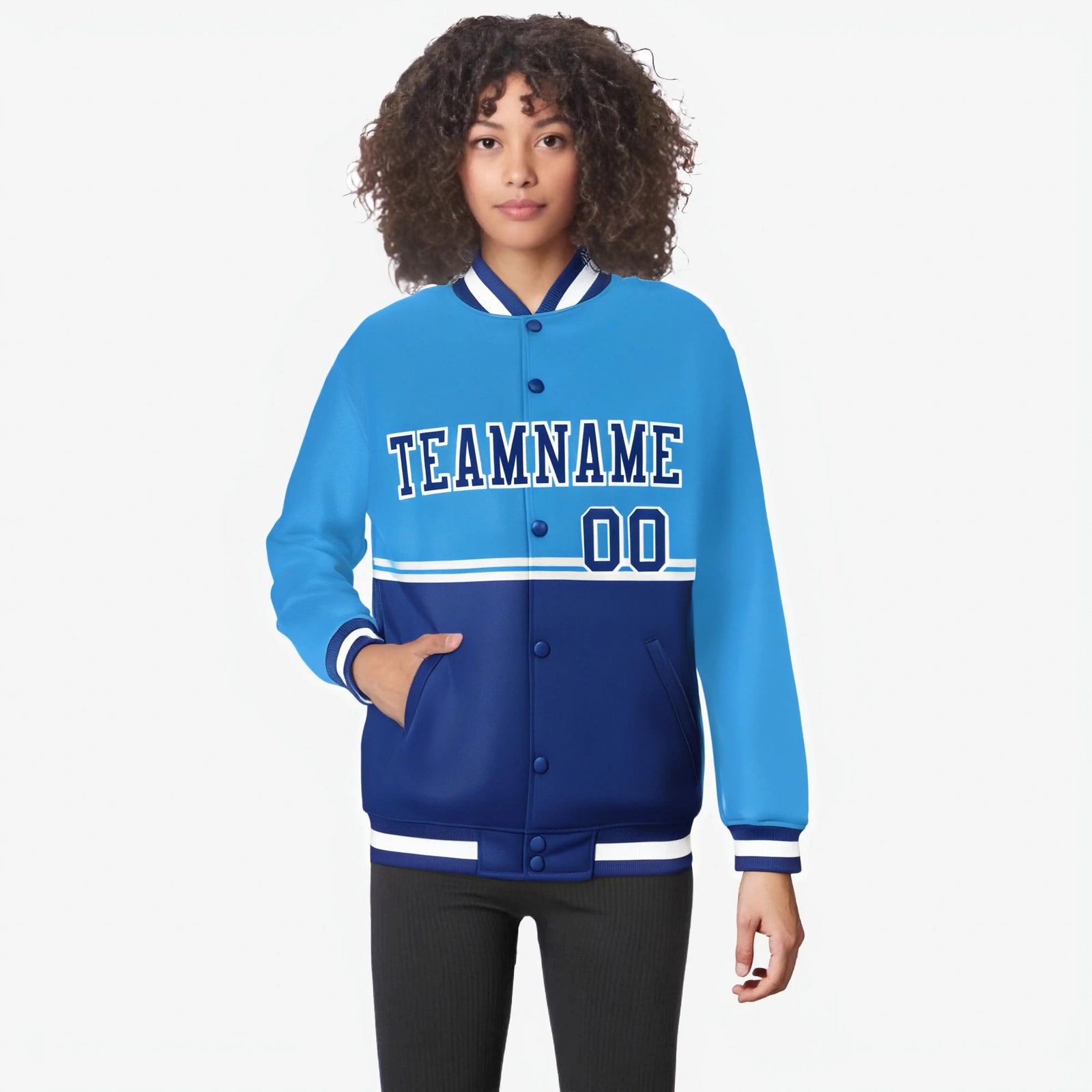 Custom Powder Blue-Royal Blue-Powder Blue Varsity Full-Snap Letterman Color-Matching Split Fashion Jacket