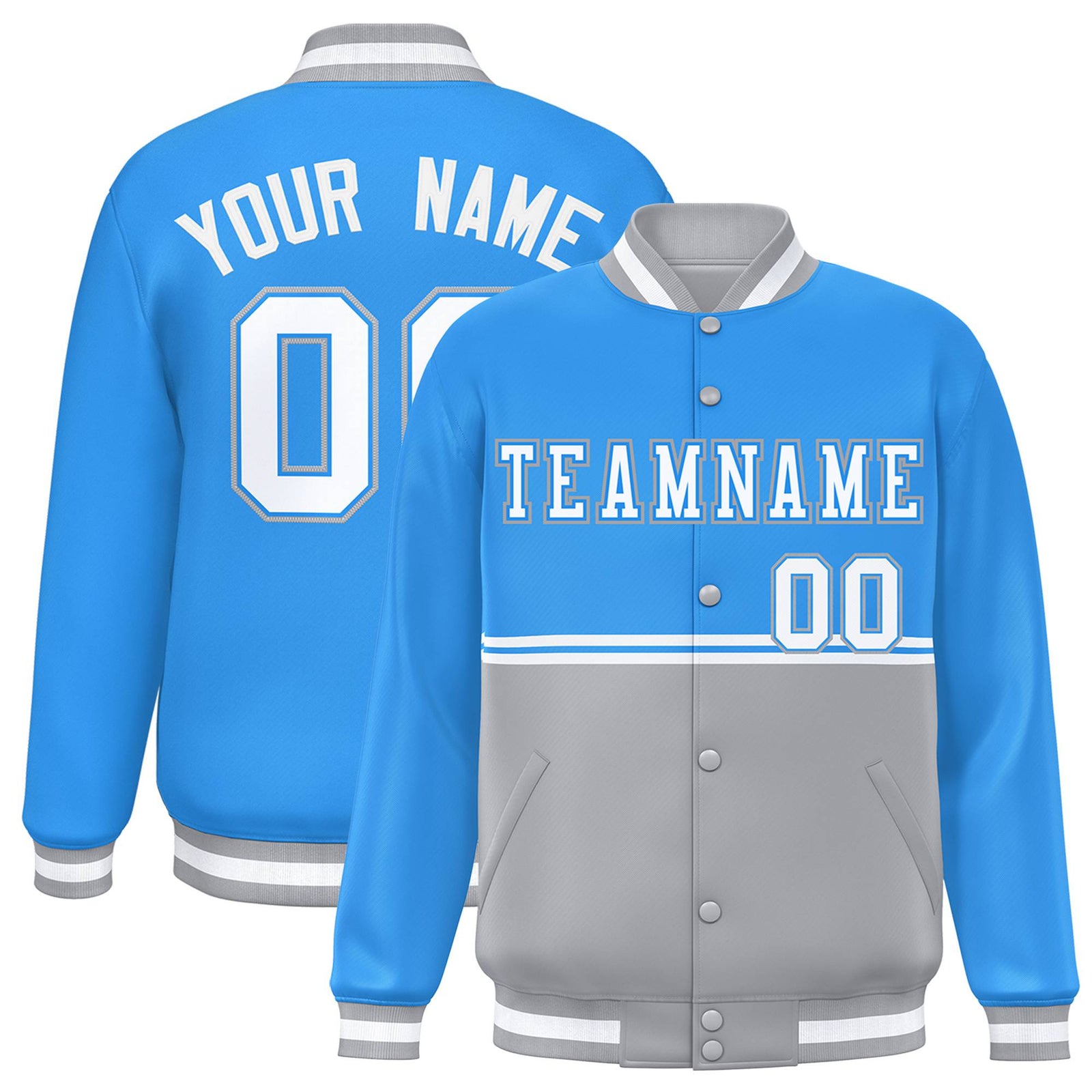 Custom Powder Blue-Gray-Powder Blue Varsity Full-Snap Letterman Color-Matching Split Fashion Jacket