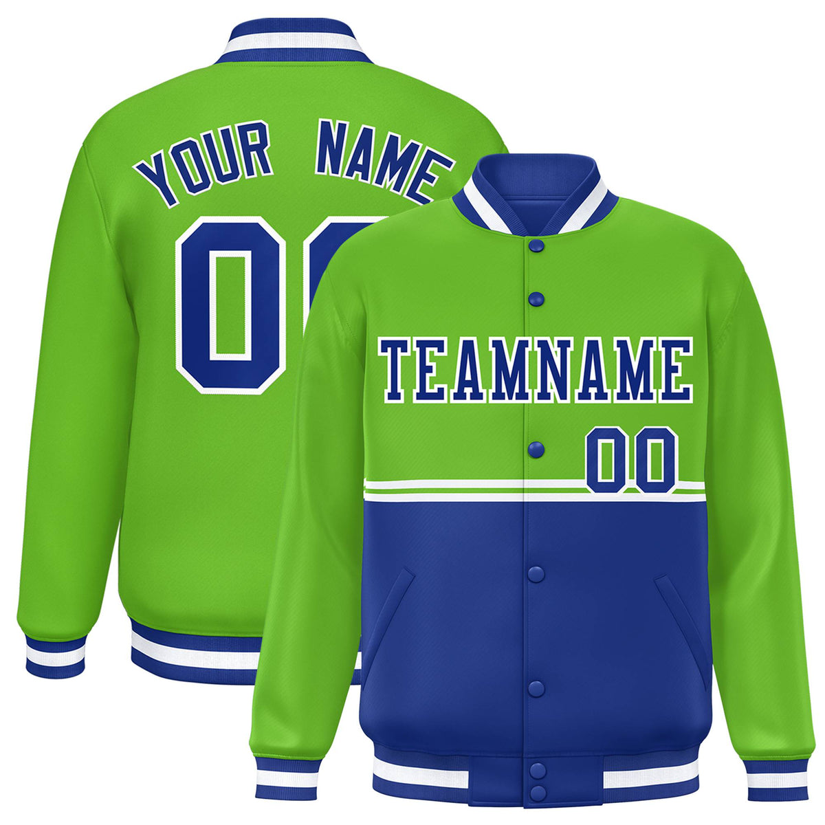 Custom Neon Green-Royal Blue-Neon Green Varsity Full-Snap Letterman Color-Matching Split Fashion Jacket