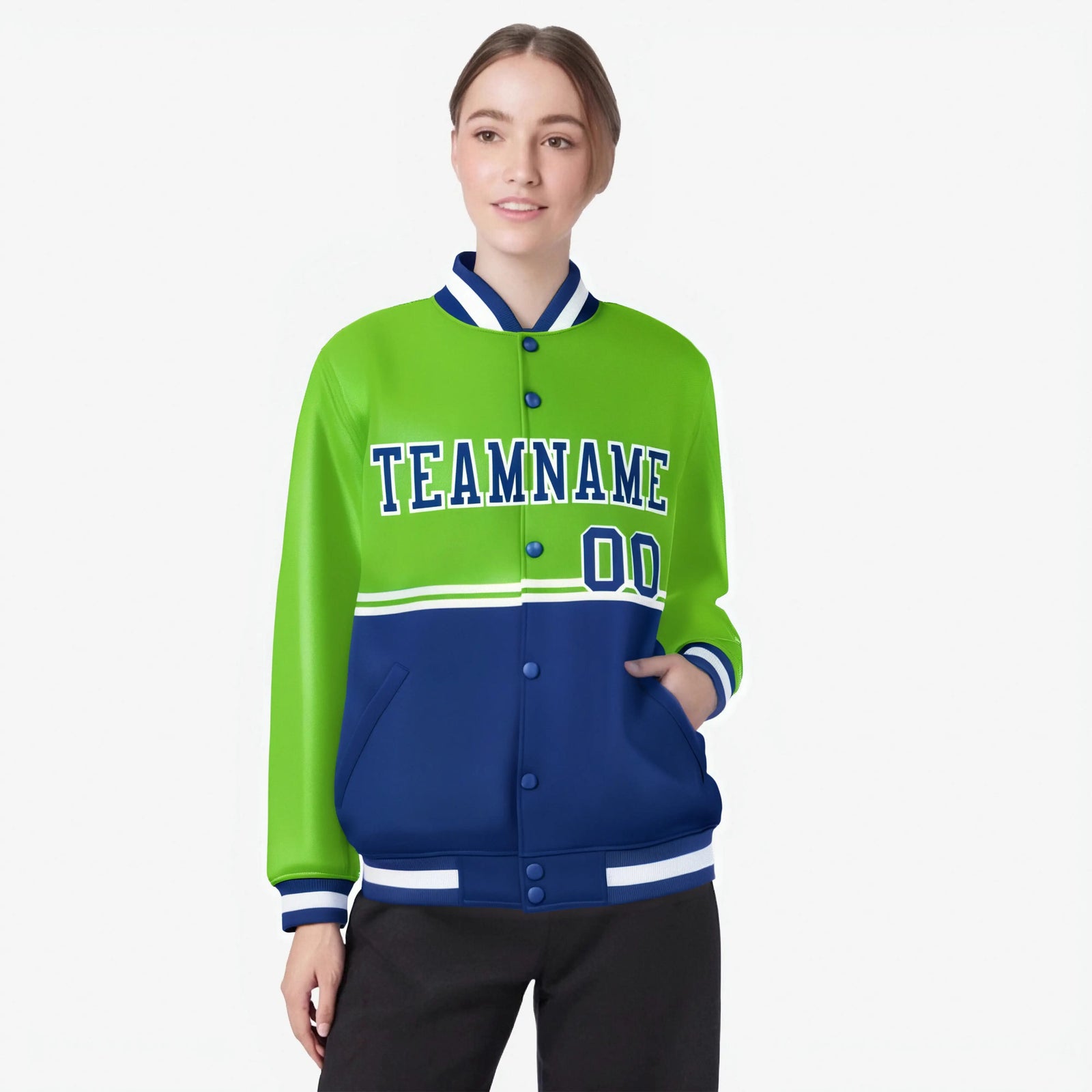 Custom Neon Green-Royal Blue-Neon Green Varsity Full-Snap Letterman Color-Matching Split Fashion Jacket
