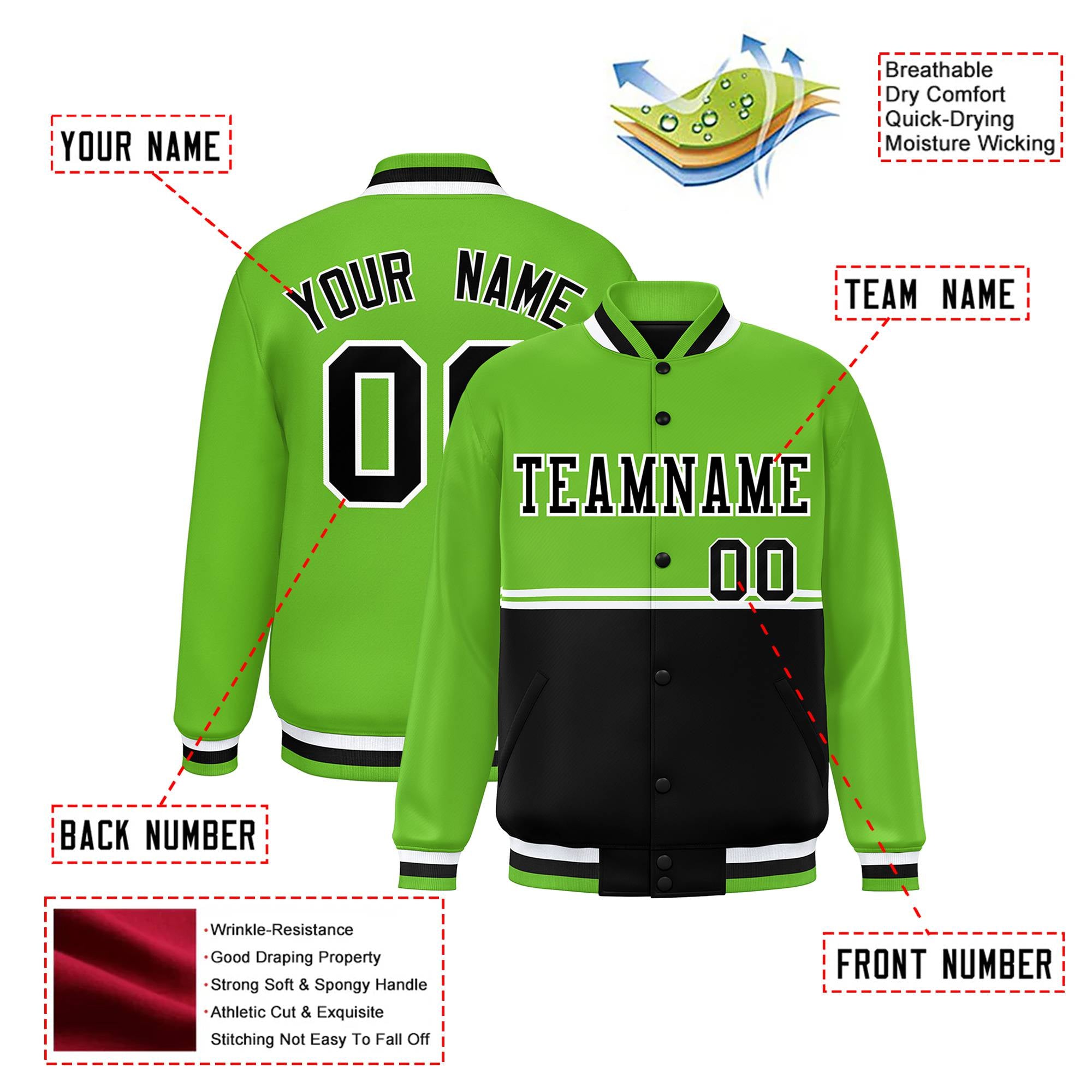 Custom Neon Green-Black-Neon Green Varsity Full-Snap Letterman Color-Matching Split Fashion Jacket