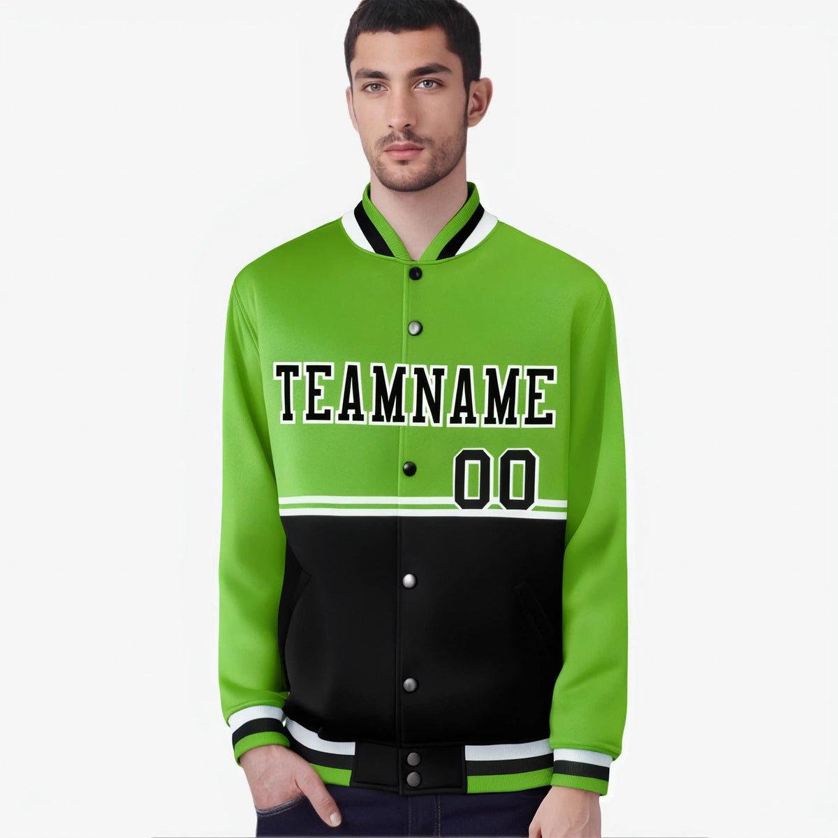 Custom Neon Green-Black-Neon Green Varsity Full-Snap Letterman Color-Matching Split Fashion Jacket