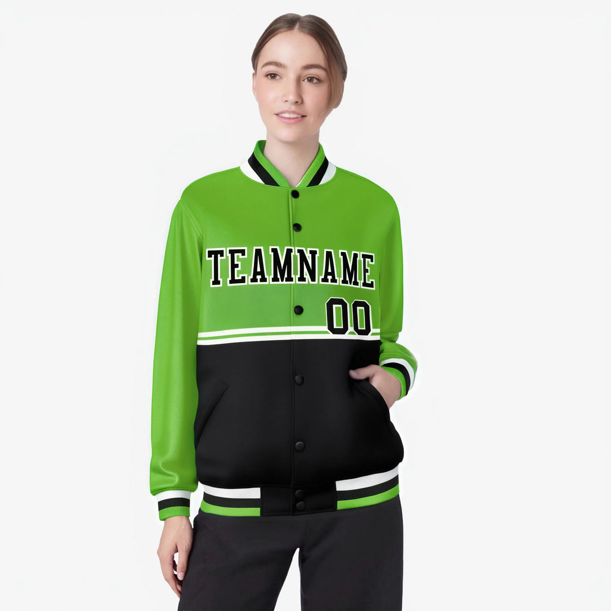 Custom Neon Green-Black-Neon Green Varsity Full-Snap Letterman Color-Matching Split Fashion Jacket