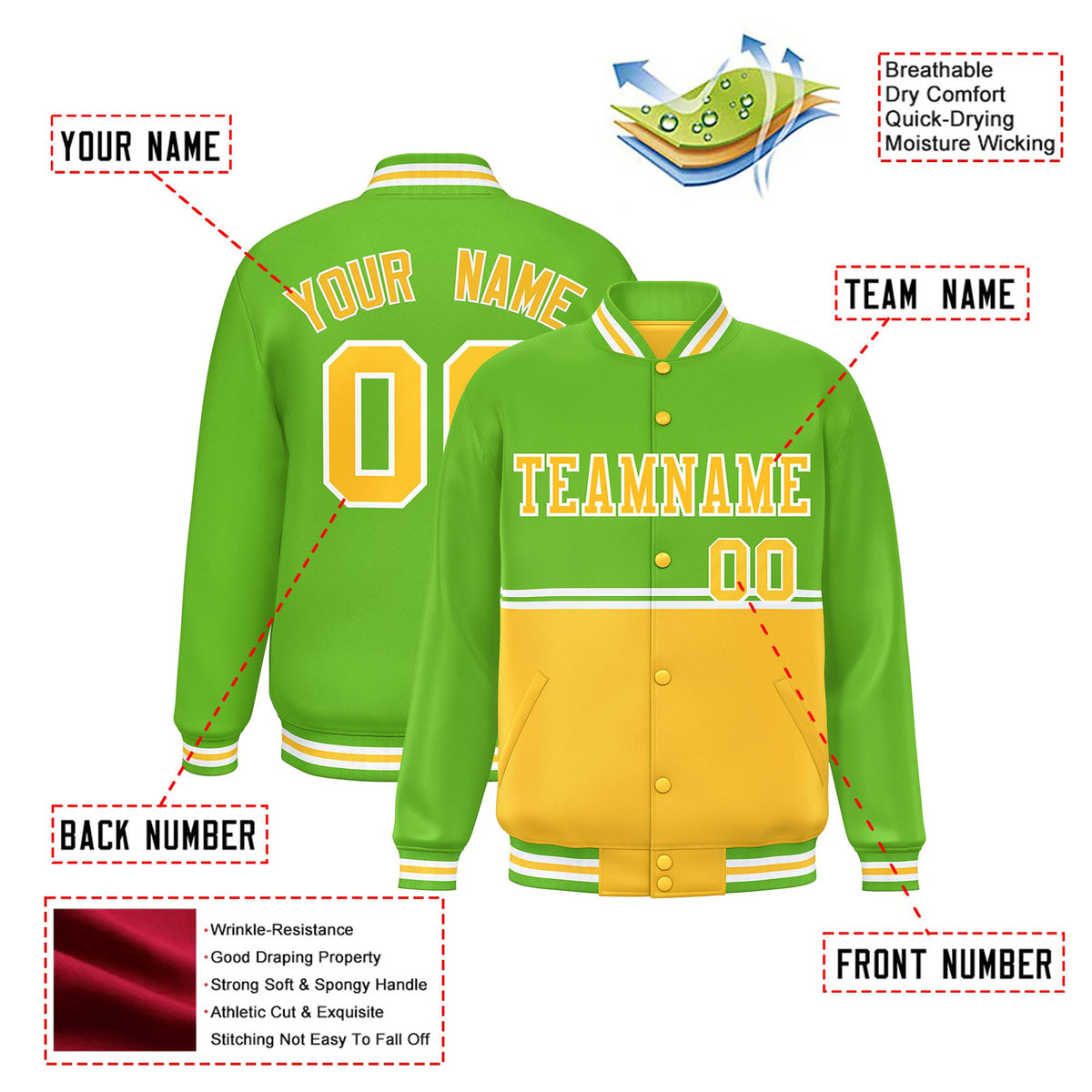 Custom Neon Green-Gold-Neon Green Varsity Full-Snap Letterman Color-Matching Split Fashion Jacket