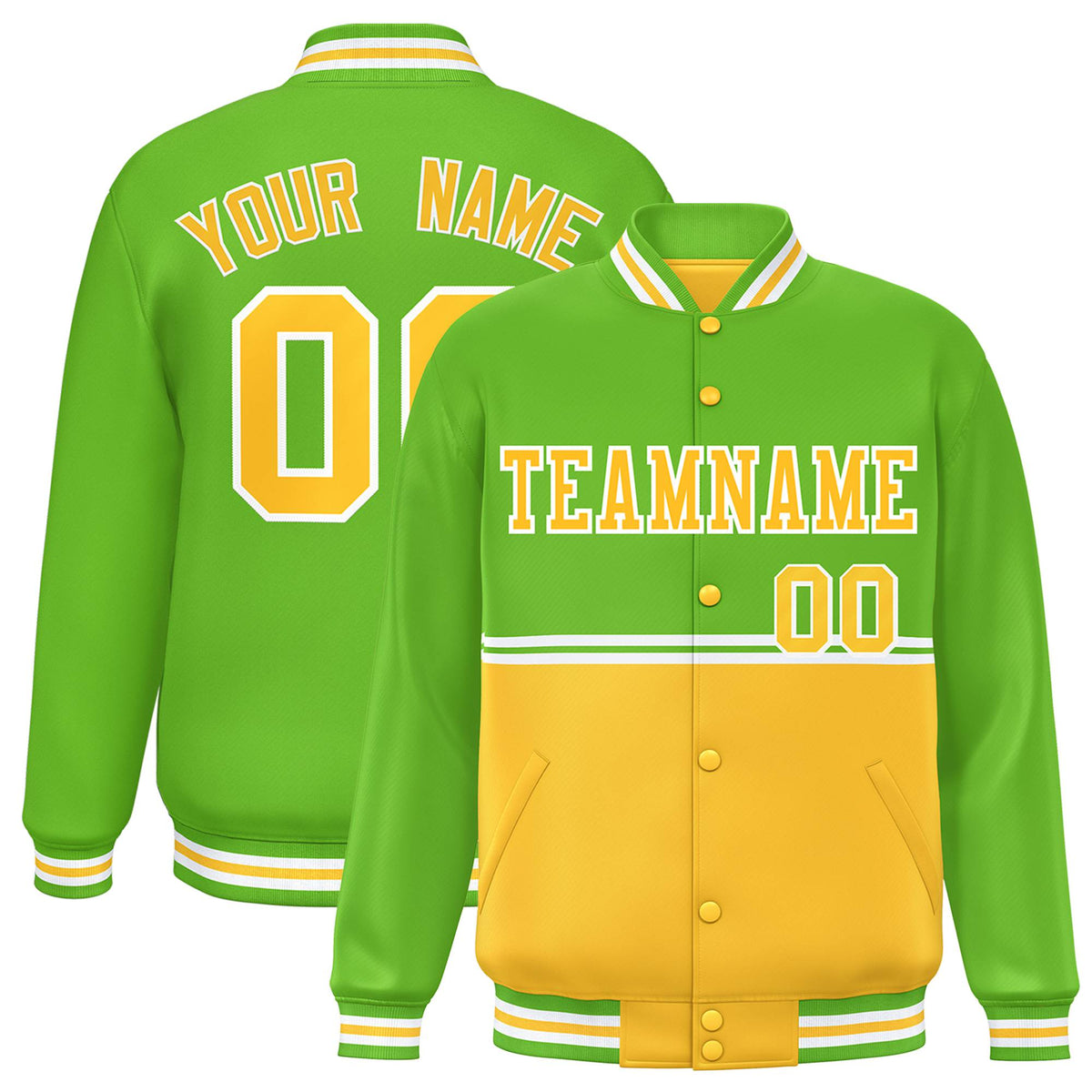 Custom Neon Green-Gold-Neon Green Varsity Full-Snap Letterman Color-Matching Split Fashion Jacket