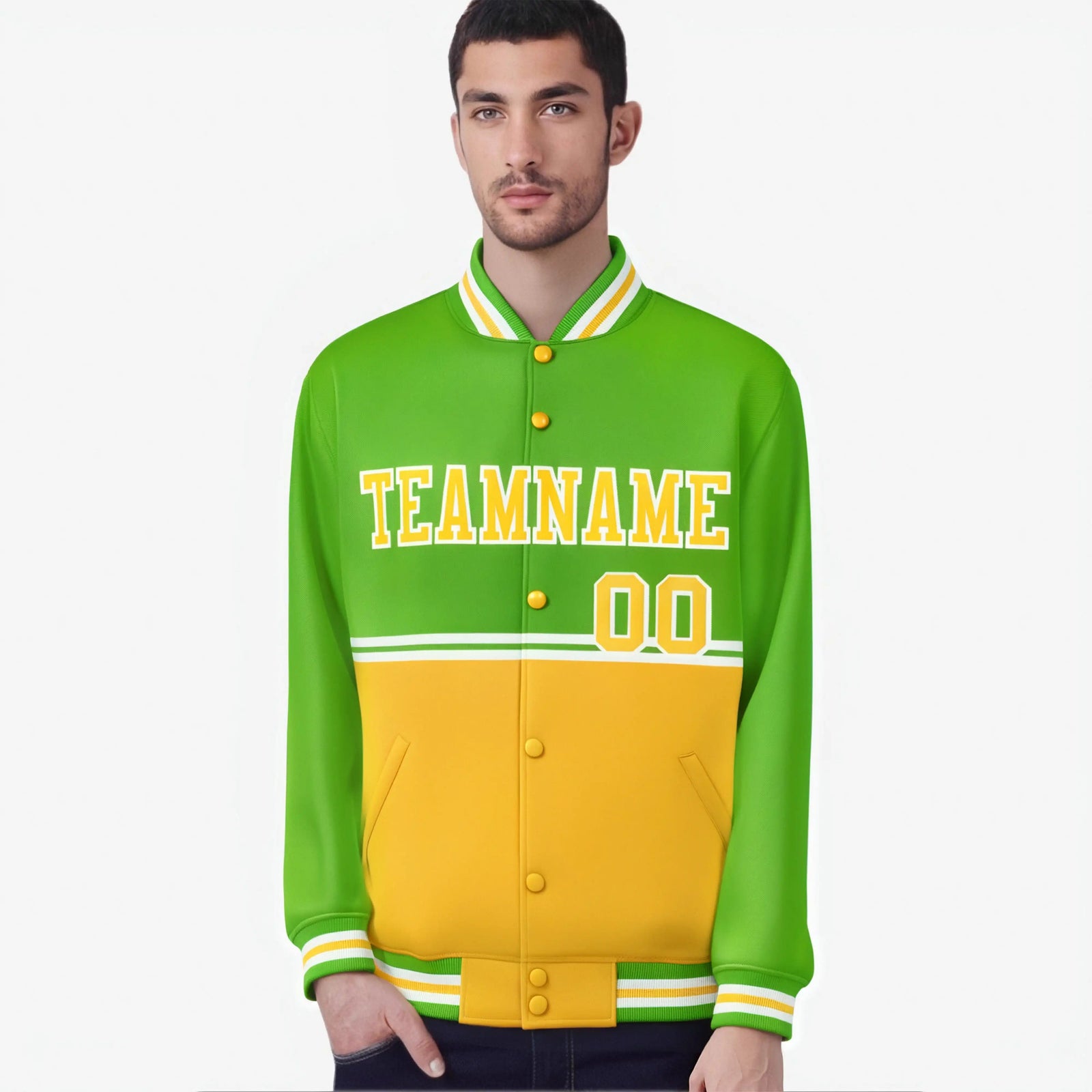 Custom Neon Green-Gold-Neon Green Varsity Full-Snap Letterman Color-Matching Split Fashion Jacket