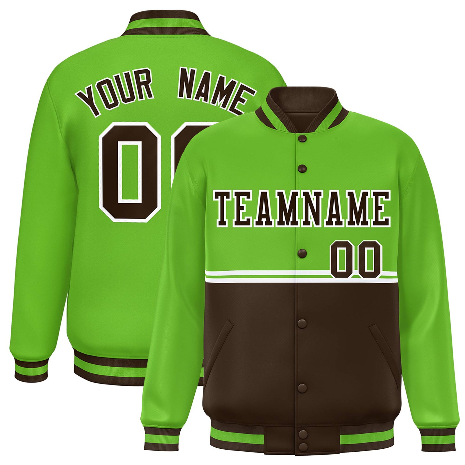 Custom Neon Green-Brown-Neon Green Varsity Full-Snap Letterman Color-Matching Split Fashion Jacket