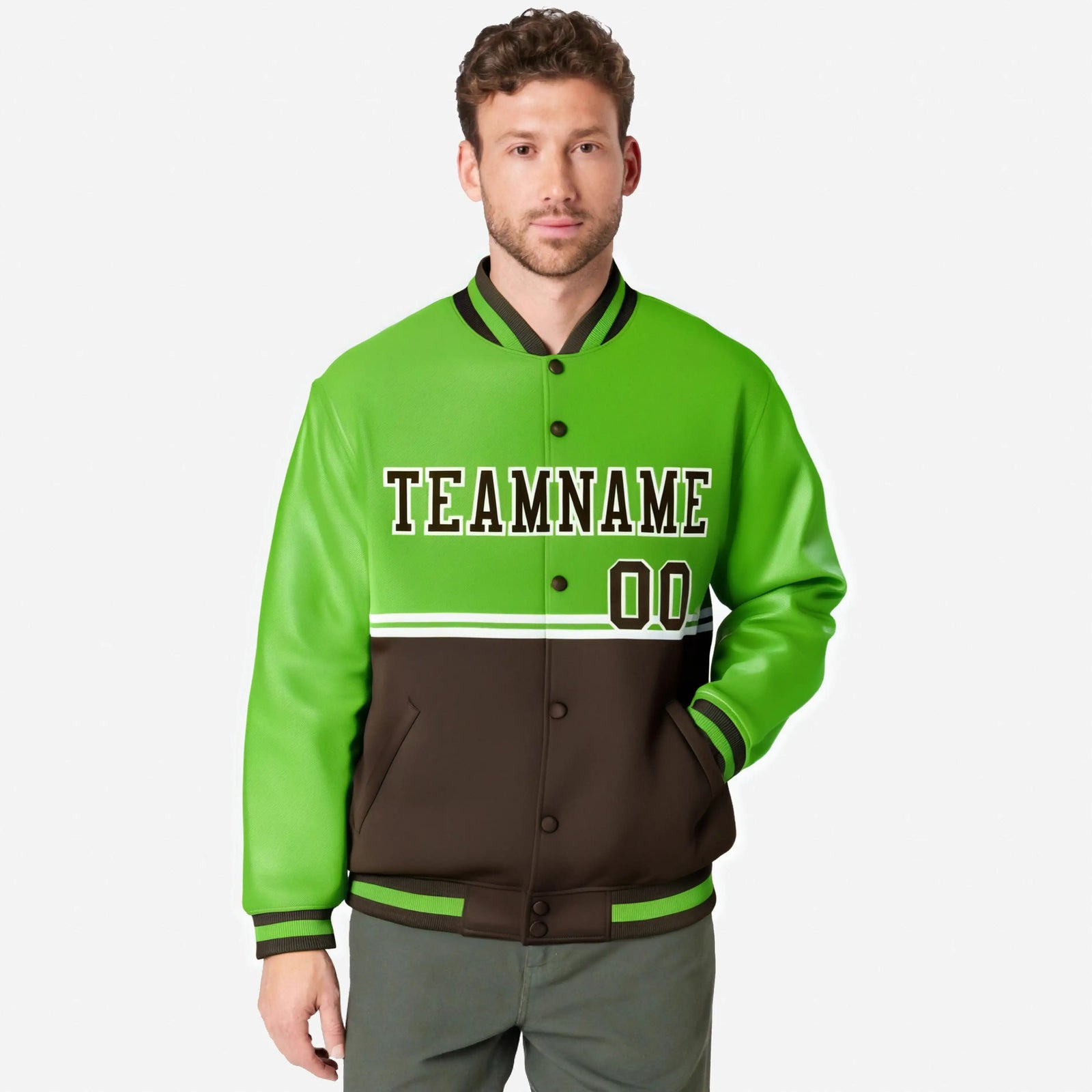 Custom Neon Green-Brown-Neon Green Varsity Full-Snap Letterman Color-Matching Split Fashion Jacket