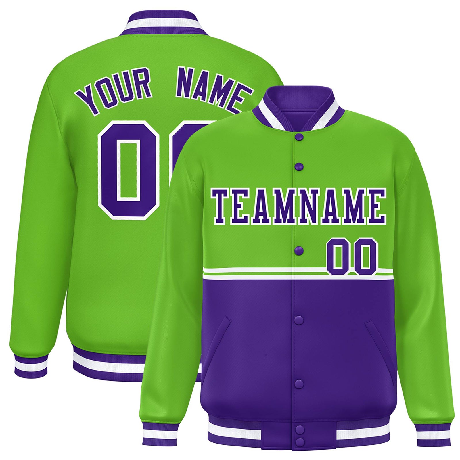 Custom Neon Green-Purple-Neon Green Varsity Full-Snap Letterman Color-Matching Split Fashion Jacket