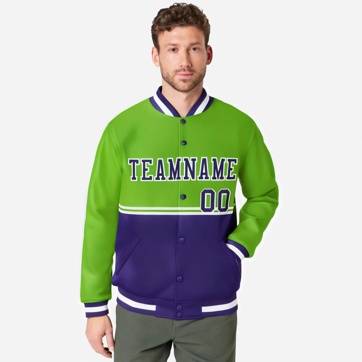 Custom Neon Green-Purple-Neon Green Varsity Full-Snap Letterman Color-Matching Split Fashion Jacket