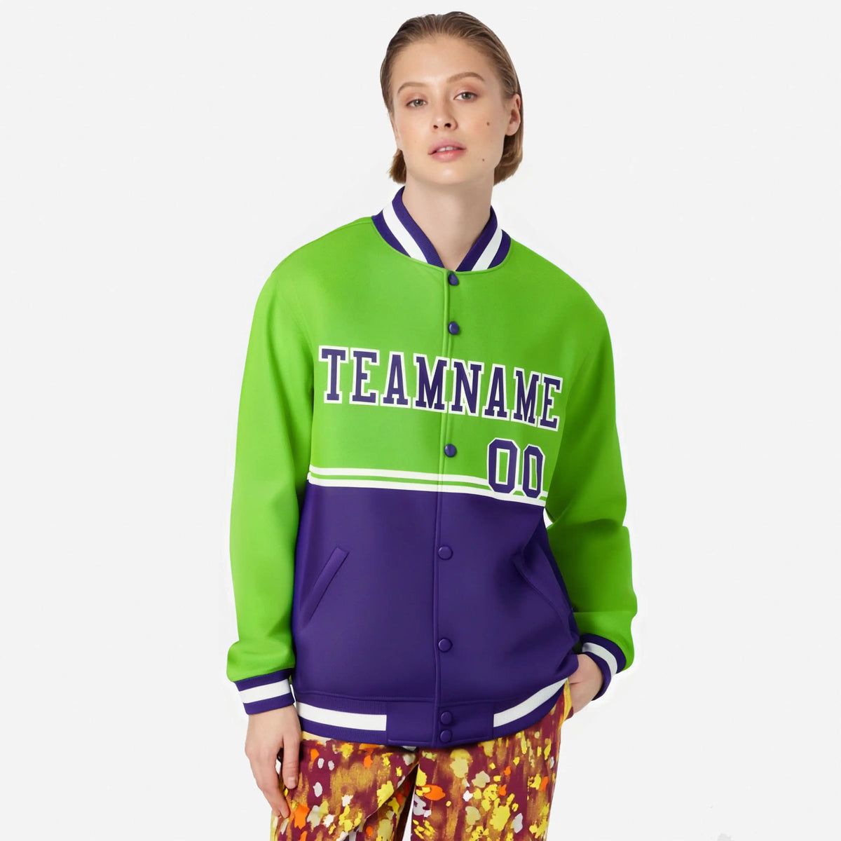 Custom Neon Green-Purple-Neon Green Varsity Full-Snap Letterman Color-Matching Split Fashion Jacket