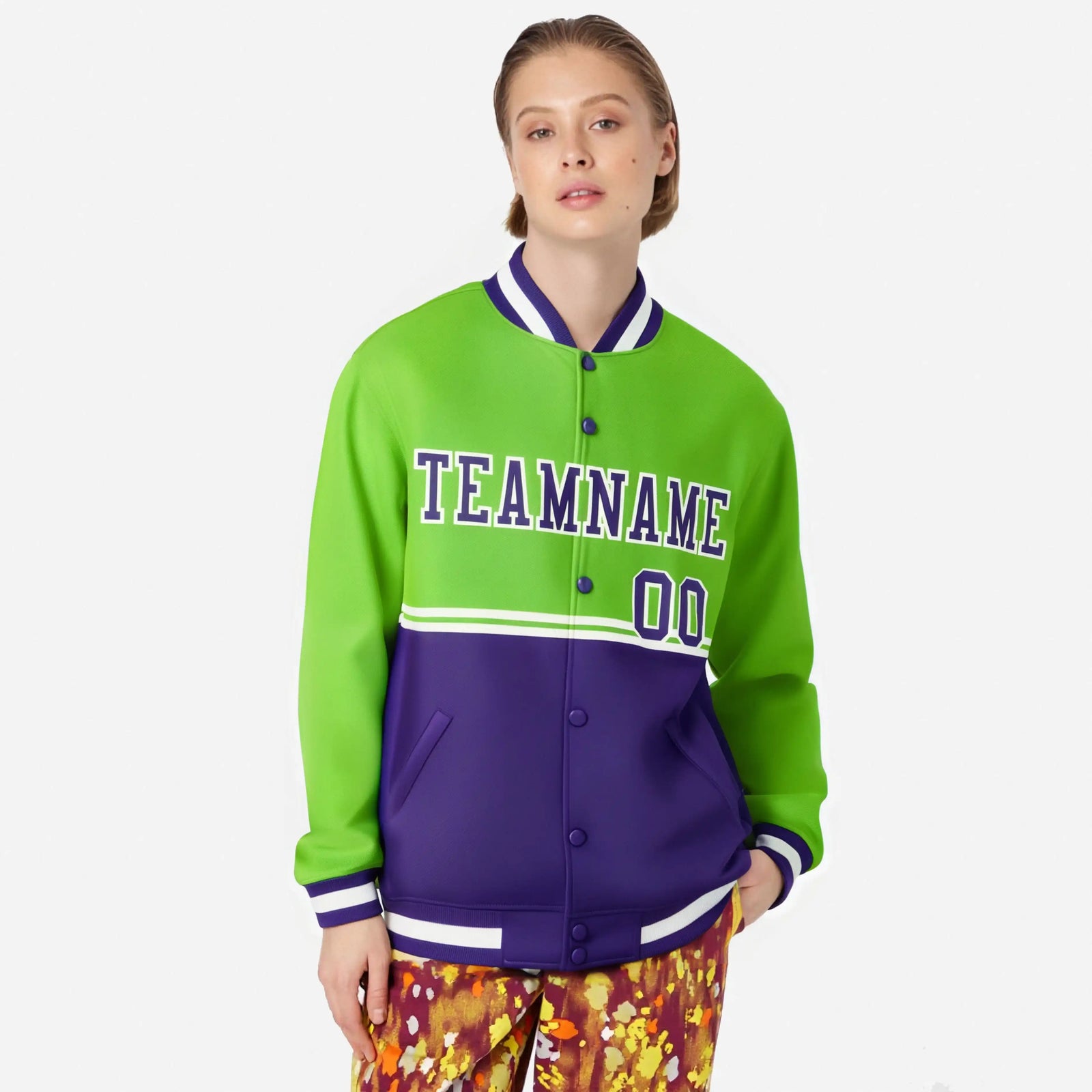 Custom Neon Green-Purple-Neon Green Varsity Full-Snap Letterman Color-Matching Split Fashion Jacket