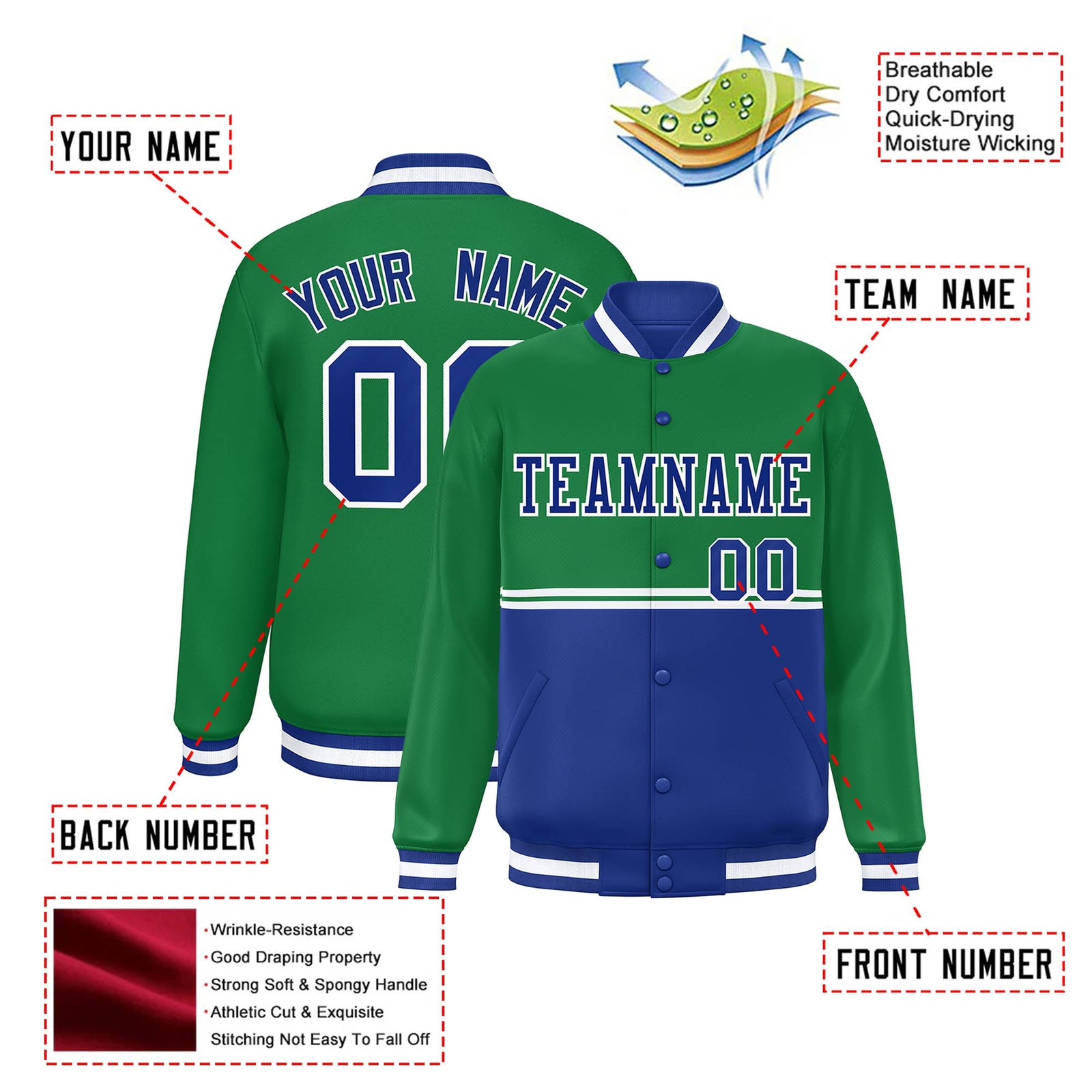 Custom Kelly Green-Royal Blue-Kelly Green Varsity Full-Snap Letterman Color-Matching Split Fashion Jacket