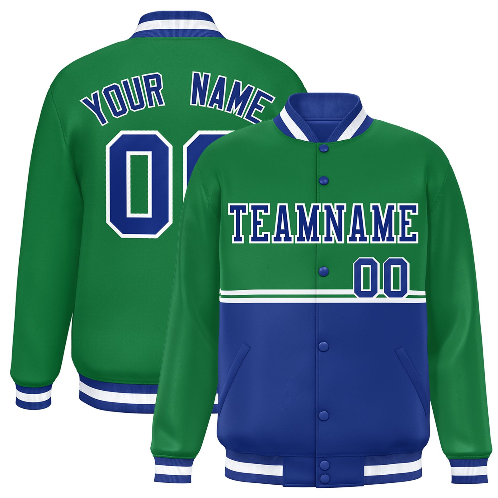 Custom Kelly Green-Royal Blue-Kelly Green Varsity Full-Snap Letterman Color-Matching Split Fashion Jacket