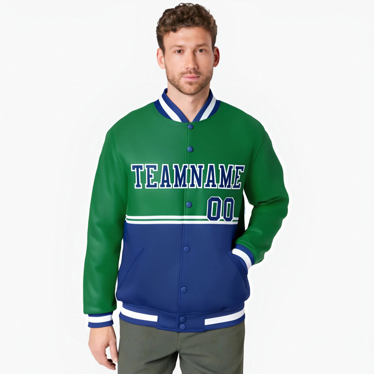 Custom Kelly Green-Royal Blue-Kelly Green Varsity Full-Snap Letterman Color-Matching Split Fashion Jacket