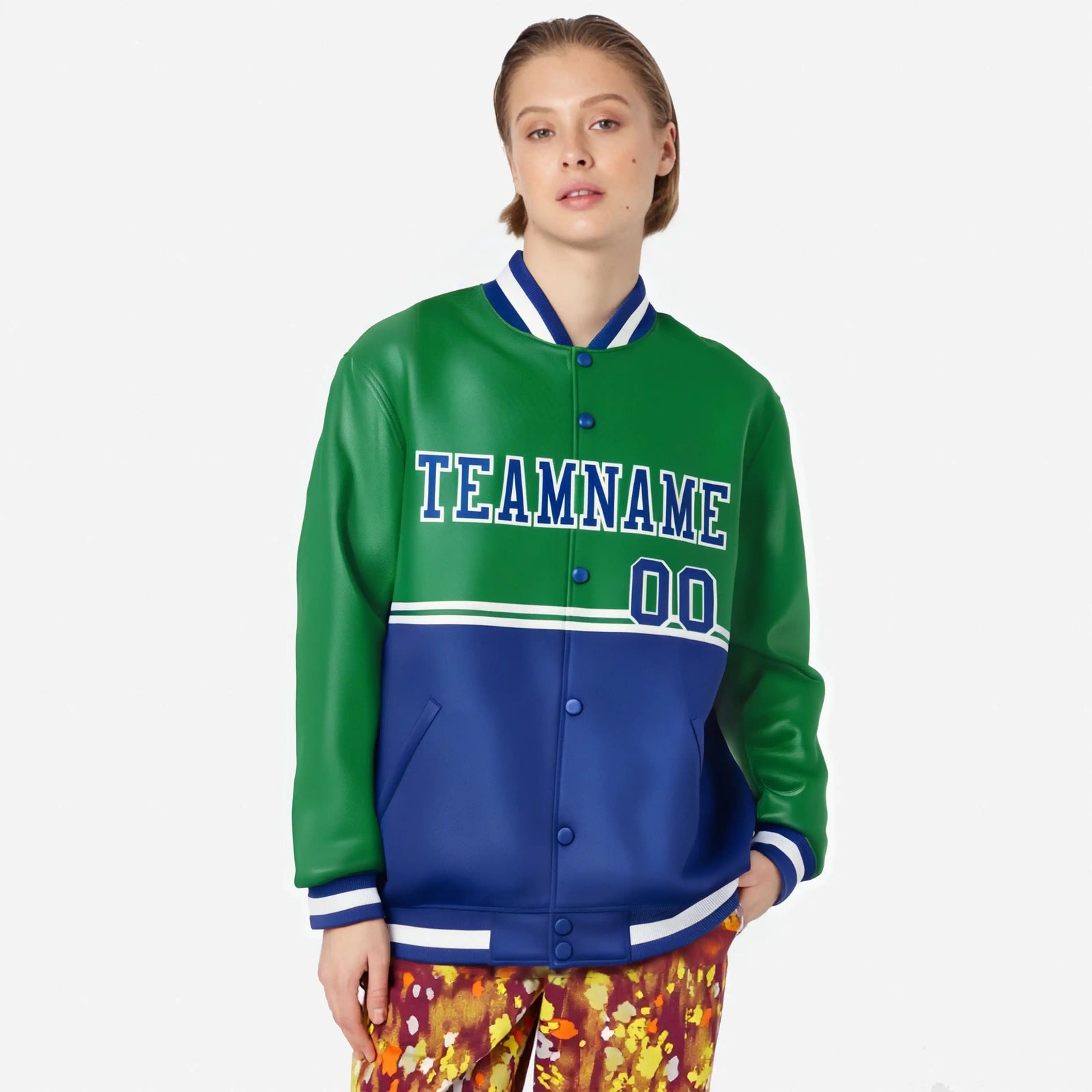 Custom Kelly Green-Royal Blue-Kelly Green Varsity Full-Snap Letterman Color-Matching Split Fashion Jacket