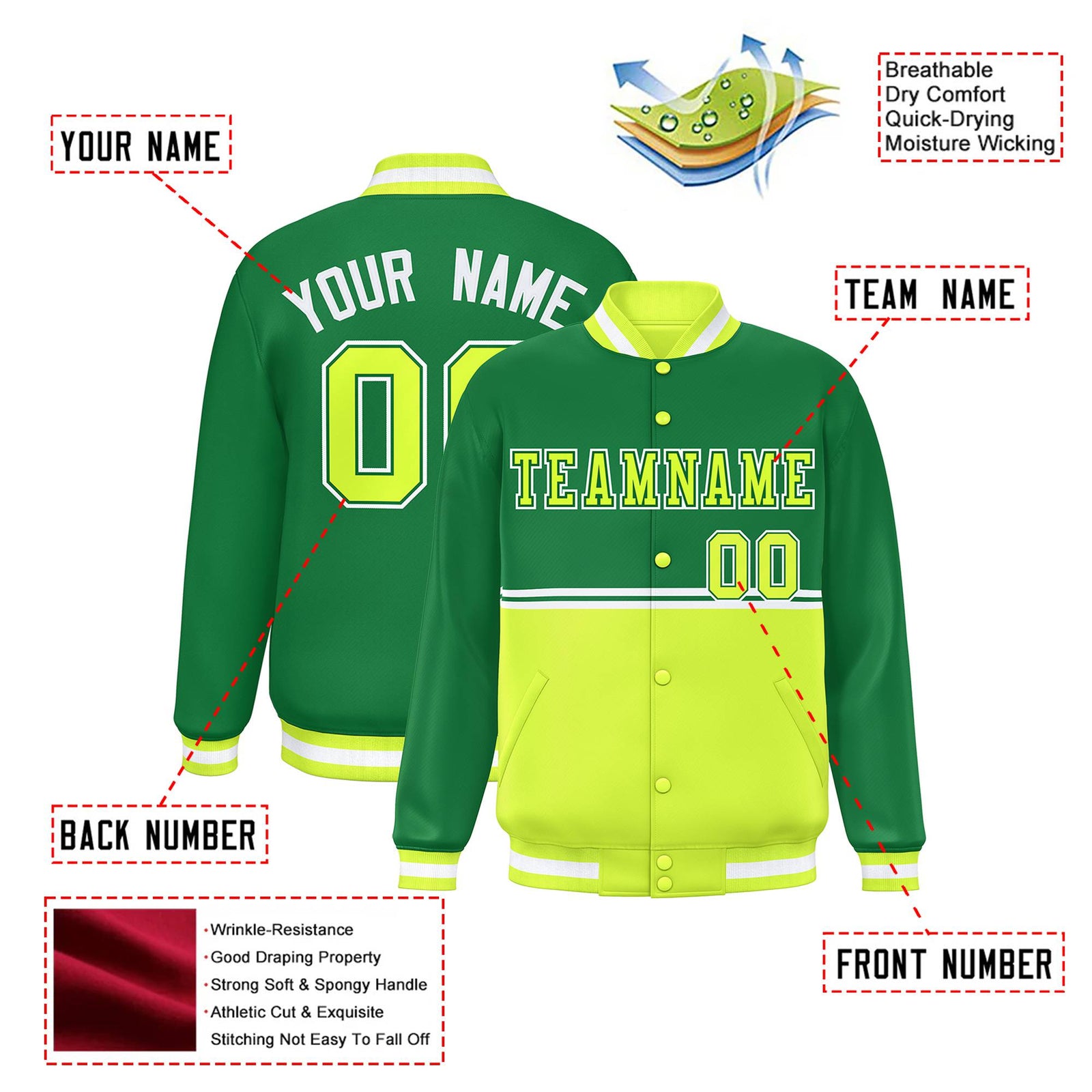 Custom Kelly Green-Fluorescent Green-Kelly Green Varsity Full-Snap Letterman Color-Matching Split Fashion Jacket