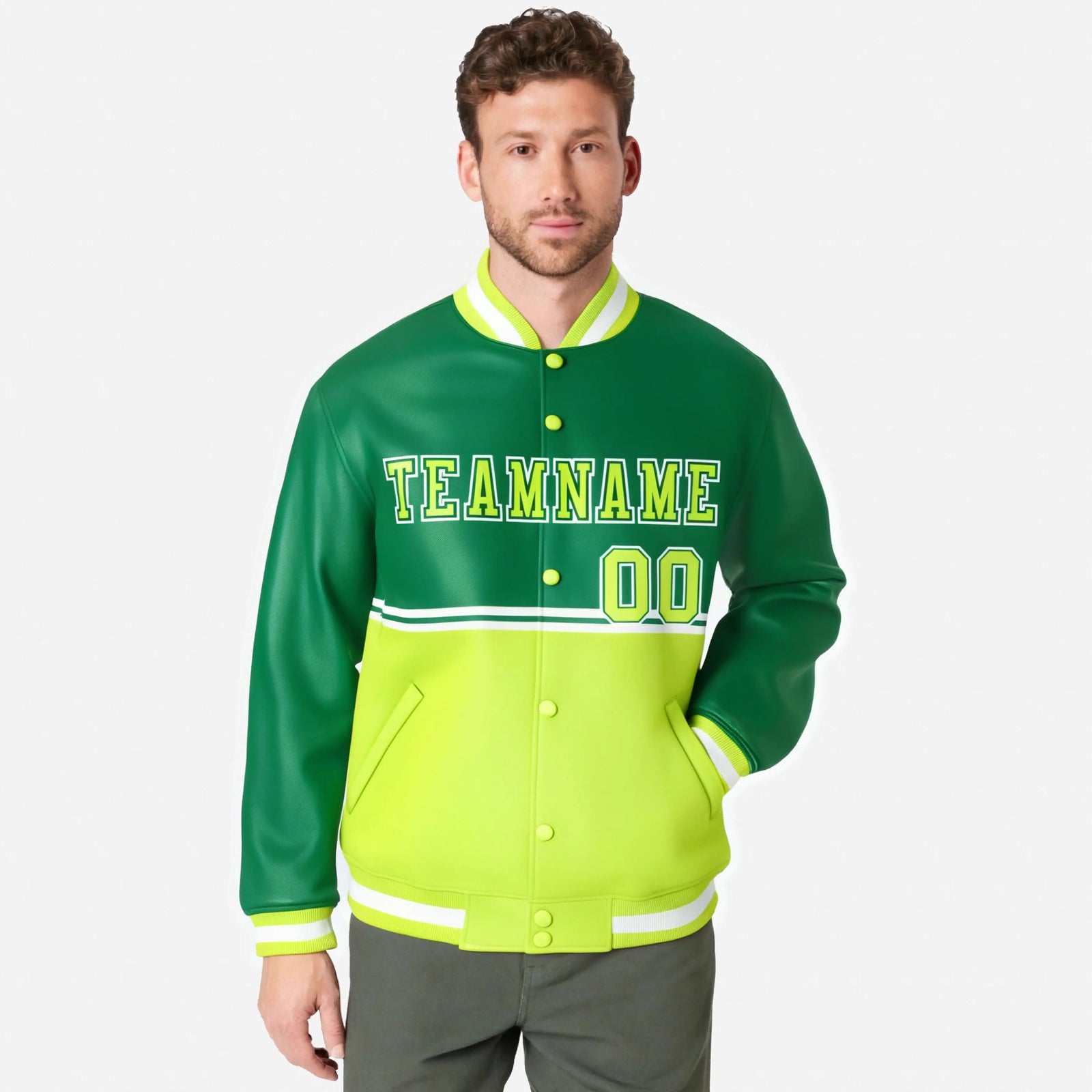Custom Kelly Green-Fluorescent Green-Kelly Green Varsity Full-Snap Letterman Color-Matching Split Fashion Jacket