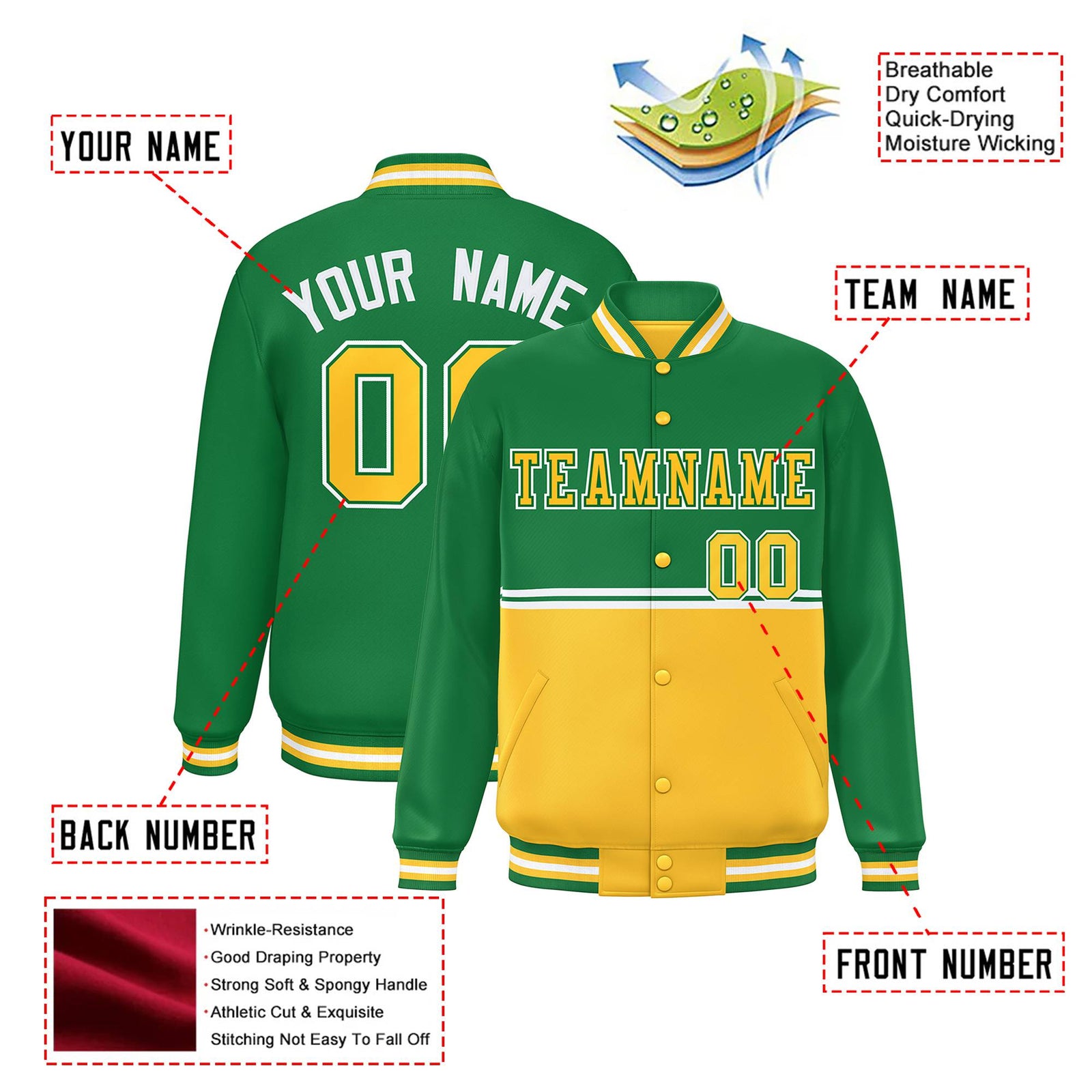 Custom Kelly Green-Gold-Kelly Green Varsity Full-Snap Letterman Color-Matching Split Fashion Jacket