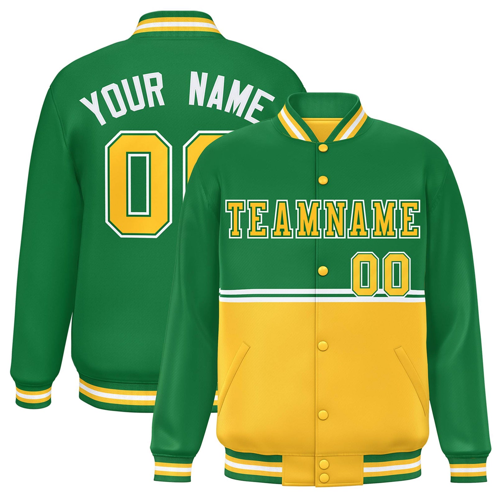 Custom Kelly Green-Gold-Kelly Green Varsity Full-Snap Letterman Color-Matching Split Fashion Jacket