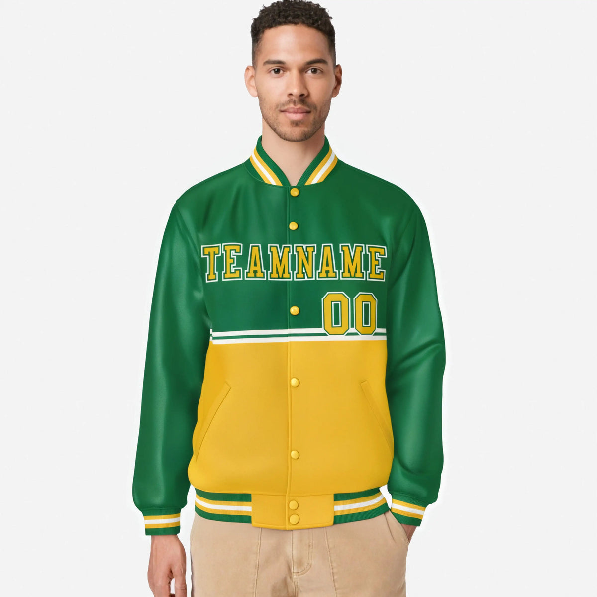 Custom Kelly Green-Gold-Kelly Green Varsity Full-Snap Letterman Color-Matching Split Fashion Jacket