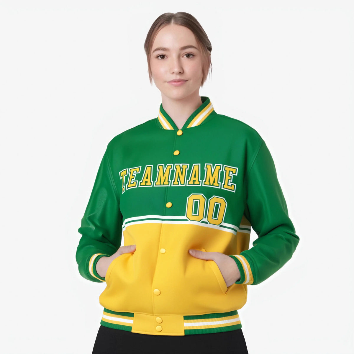 Custom Kelly Green-Gold-Kelly Green Varsity Full-Snap Letterman Color-Matching Split Fashion Jacket