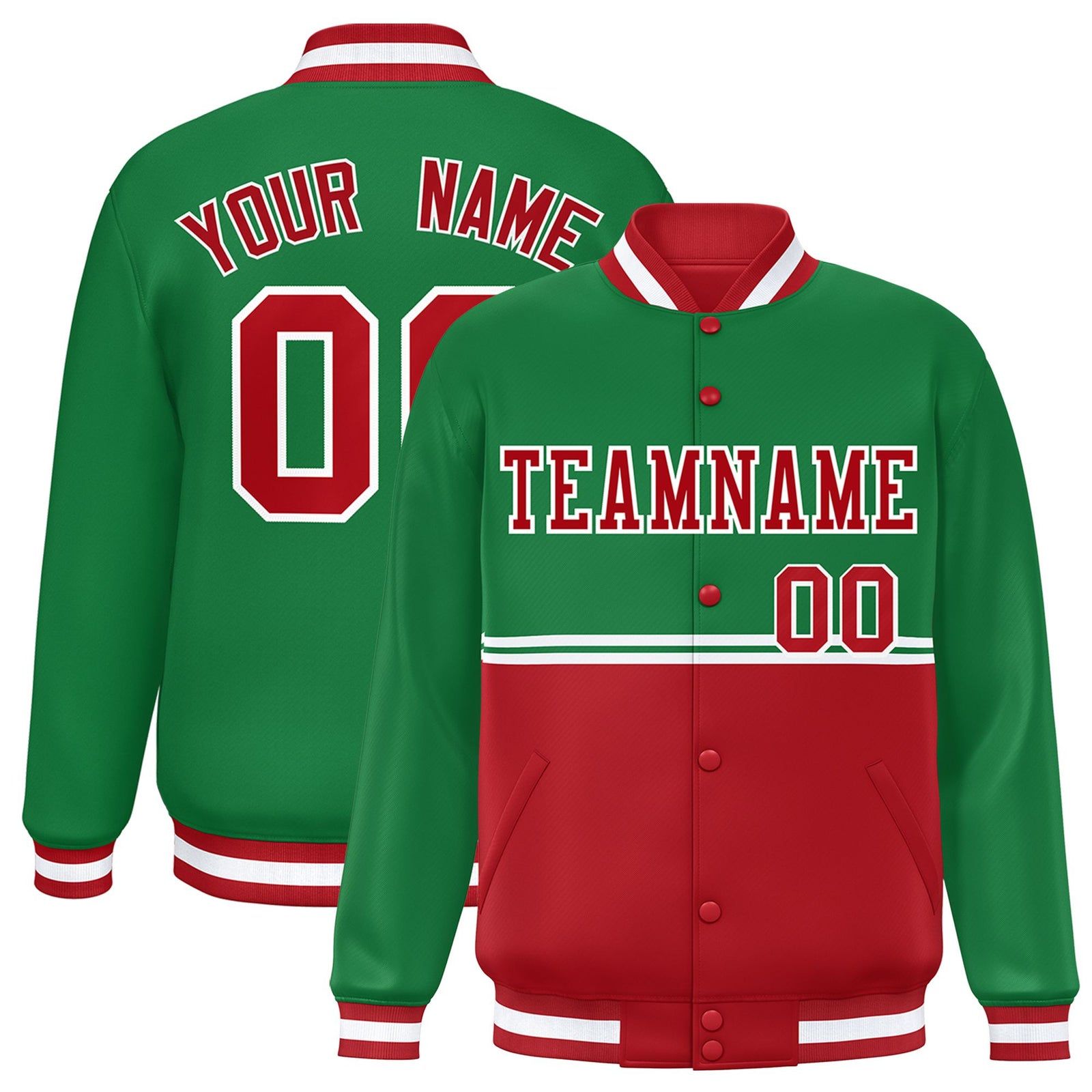 Custom Kelly Green-Red-Kelly Green Varsity Full-Snap Letterman Color-Matching Split Fashion Jacket