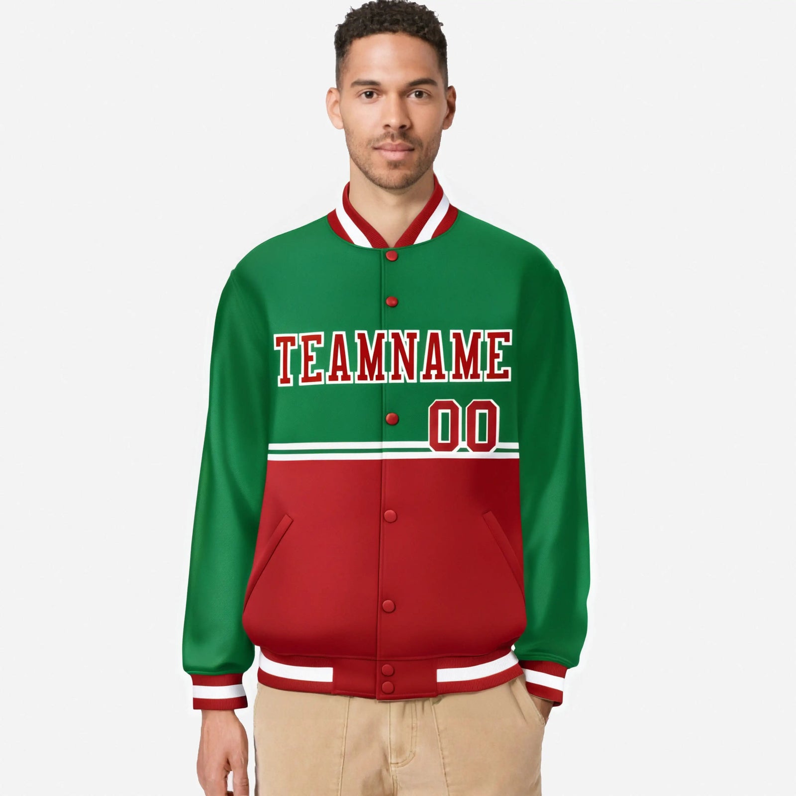 Custom Kelly Green-Red-Kelly Green Varsity Full-Snap Letterman Color-Matching Split Fashion Jacket