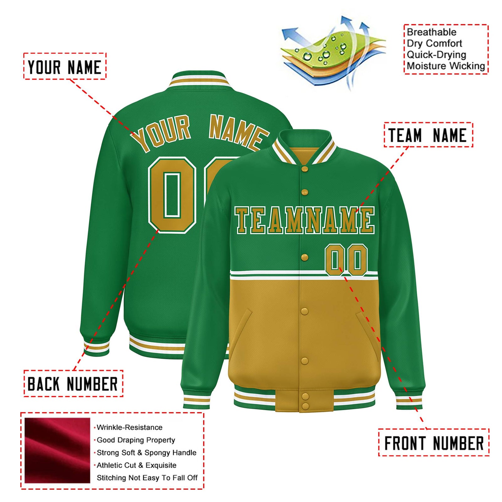 Custom Kelly Green-Gold-Kelly Green Varsity Full-Snap Letterman Color-Matching Split Fashion Jacket