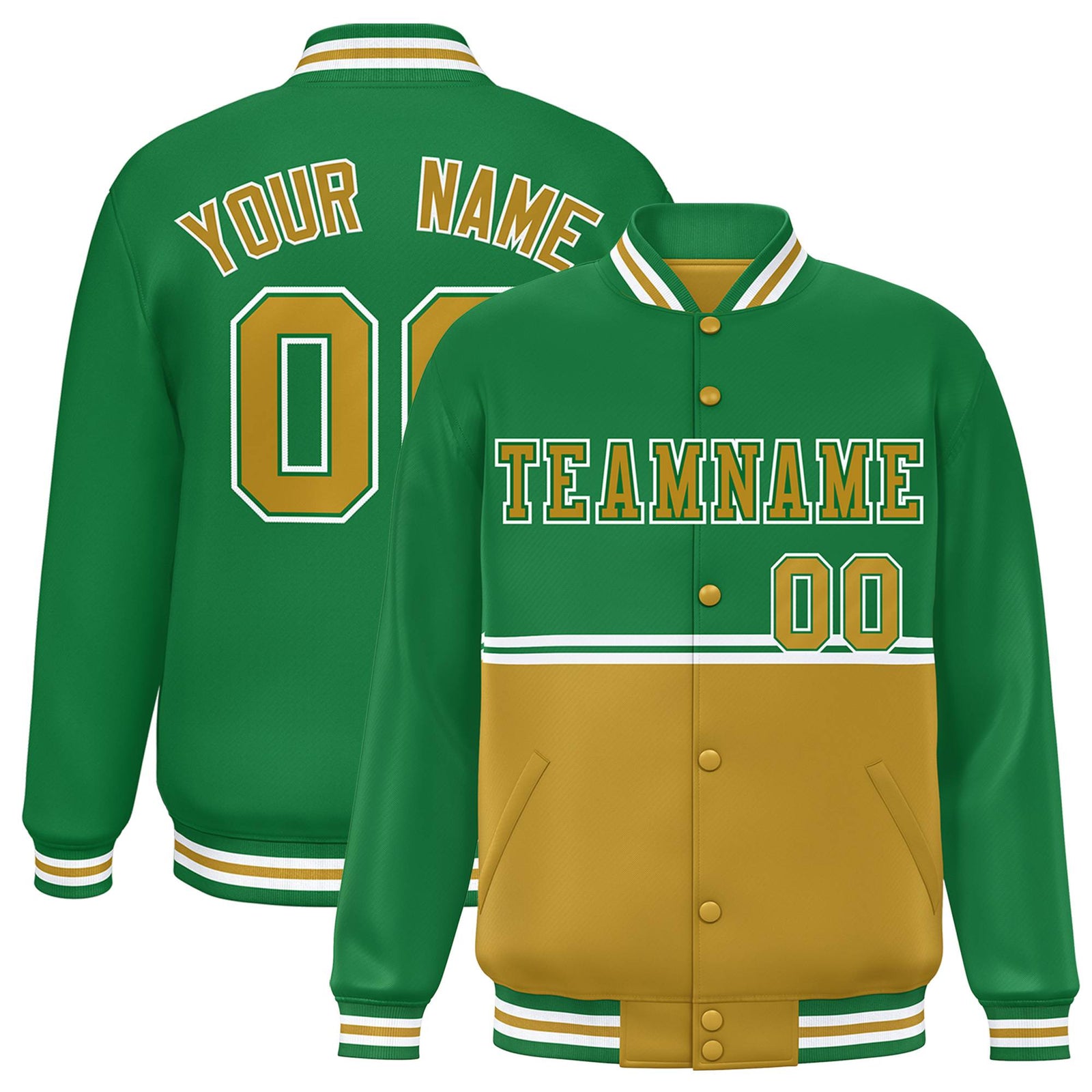 Custom Kelly Green-Gold-Kelly Green Varsity Full-Snap Letterman Color-Matching Split Fashion Jacket