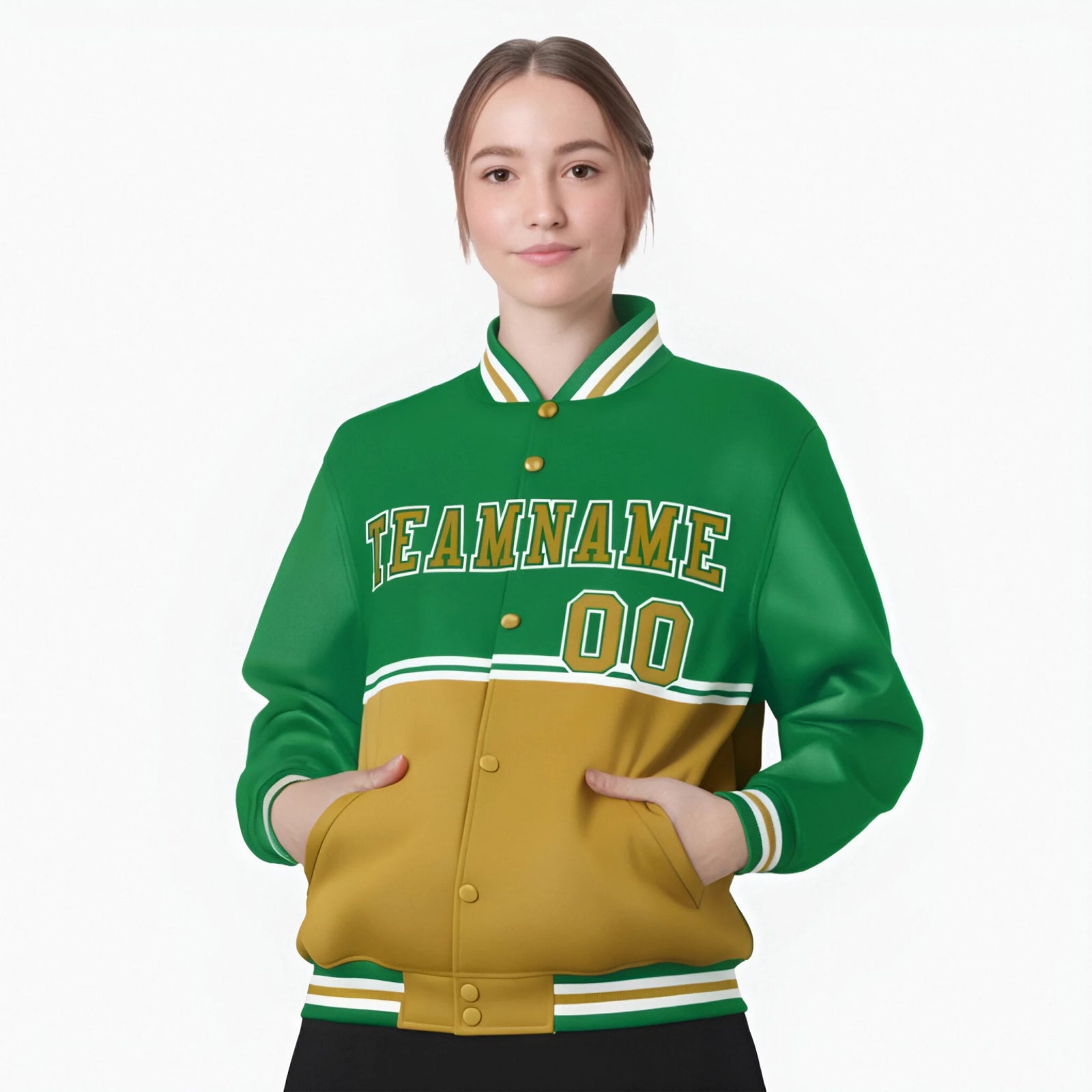 Custom Kelly Green-Gold-Kelly Green Varsity Full-Snap Letterman Color-Matching Split Fashion Jacket