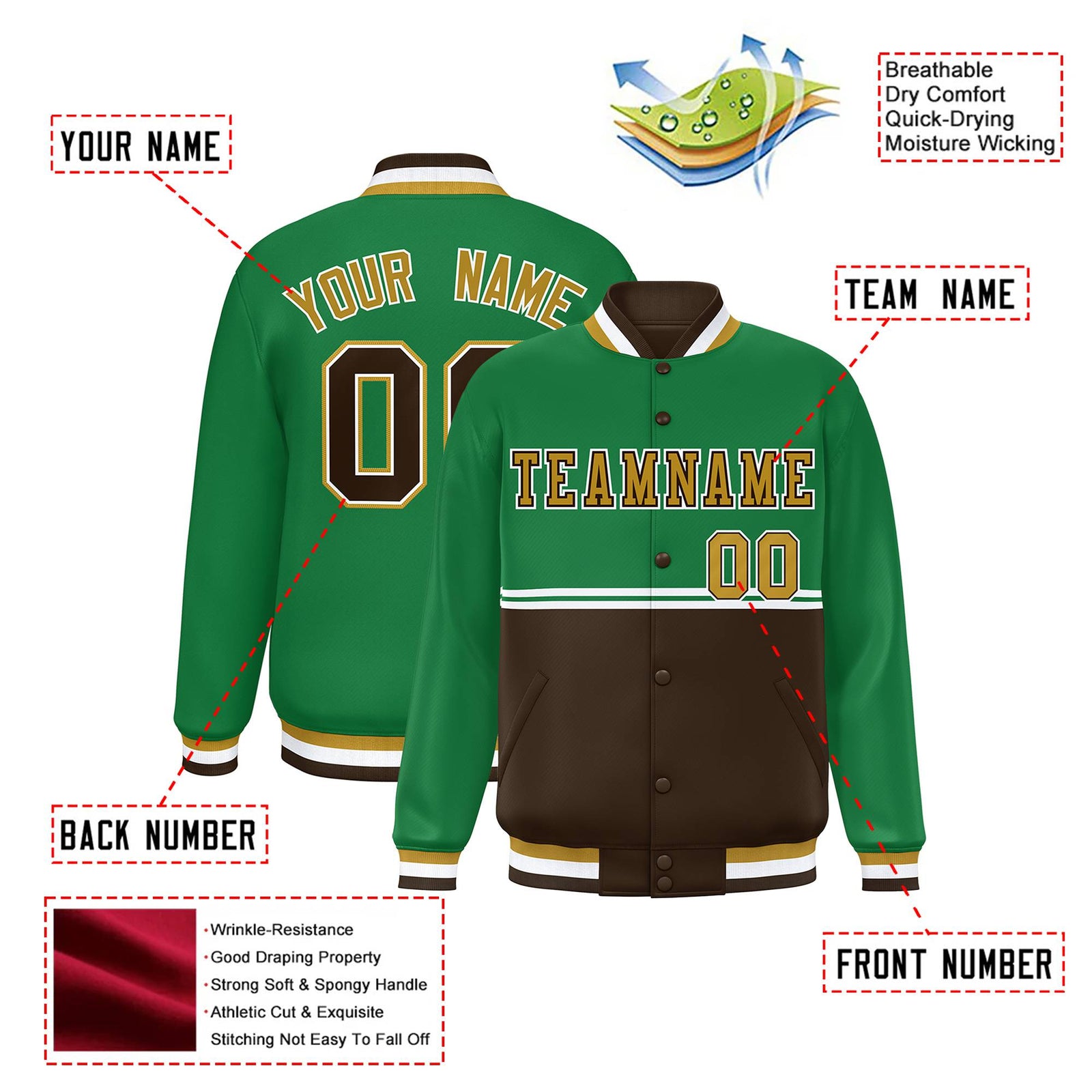 Custom Kelly Green-Brown-Kelly Green Varsity Full-Snap Letterman Color-Matching Split Fashion Jacket