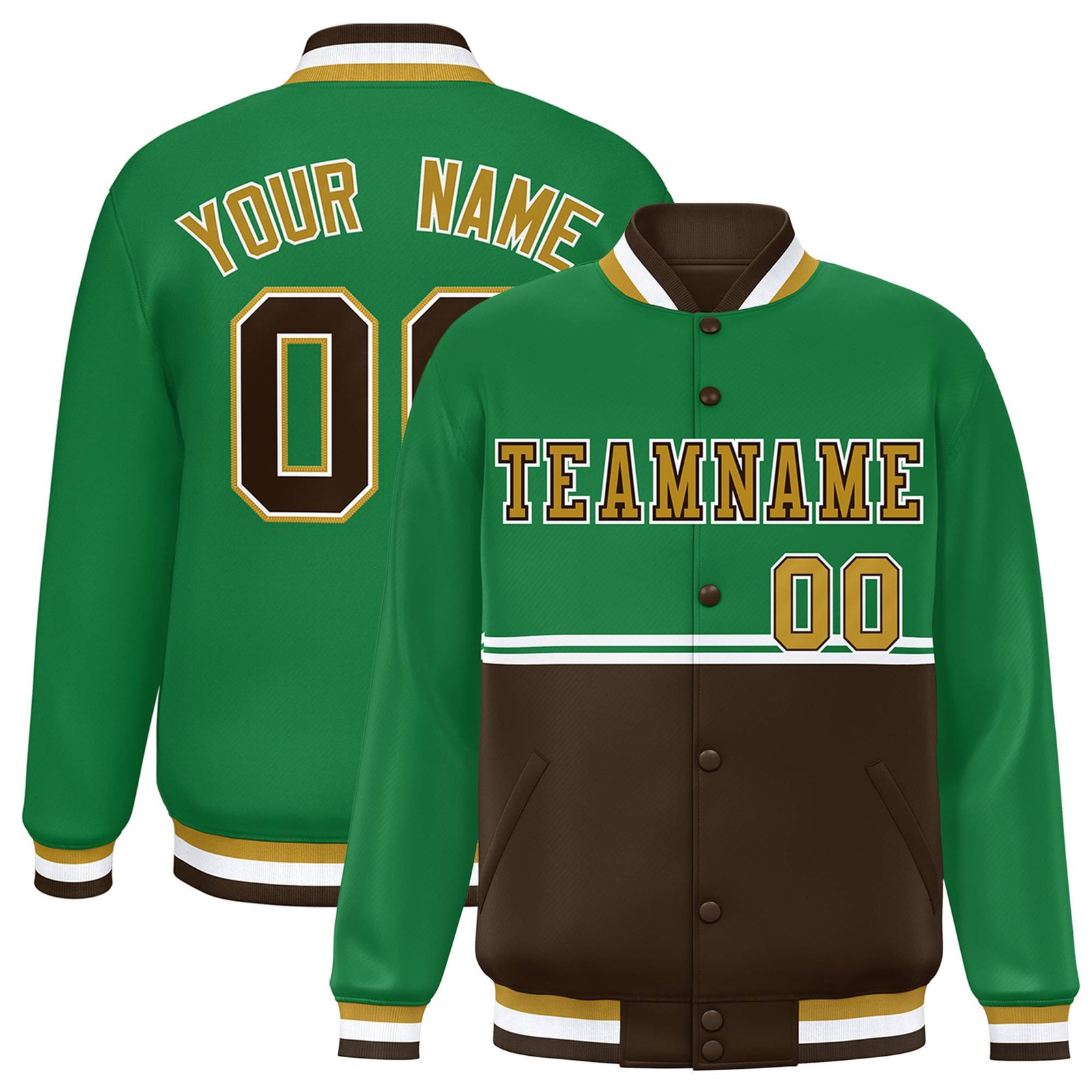 Custom Kelly Green-Brown-Kelly Green Varsity Full-Snap Letterman Color-Matching Split Fashion Jacket
