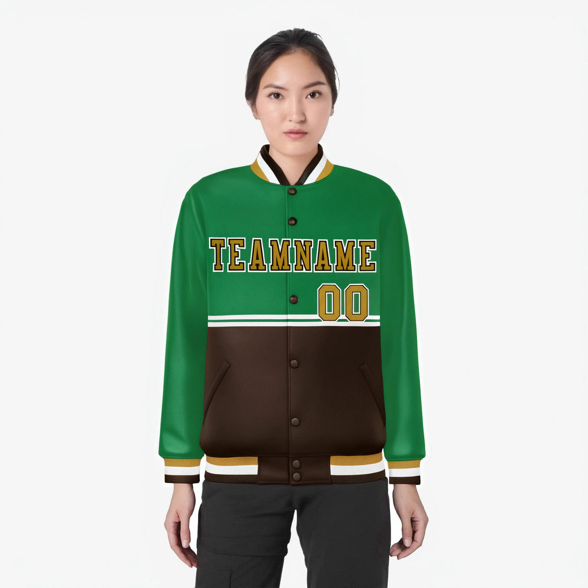 Custom Kelly Green-Brown-Kelly Green Varsity Full-Snap Letterman Color-Matching Split Fashion Jacket