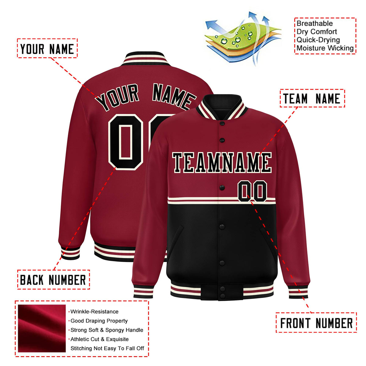 Custom Crimson-Black-Crimson Varsity Full-Snap Letterman Color-Matching Split Fashion Jacket