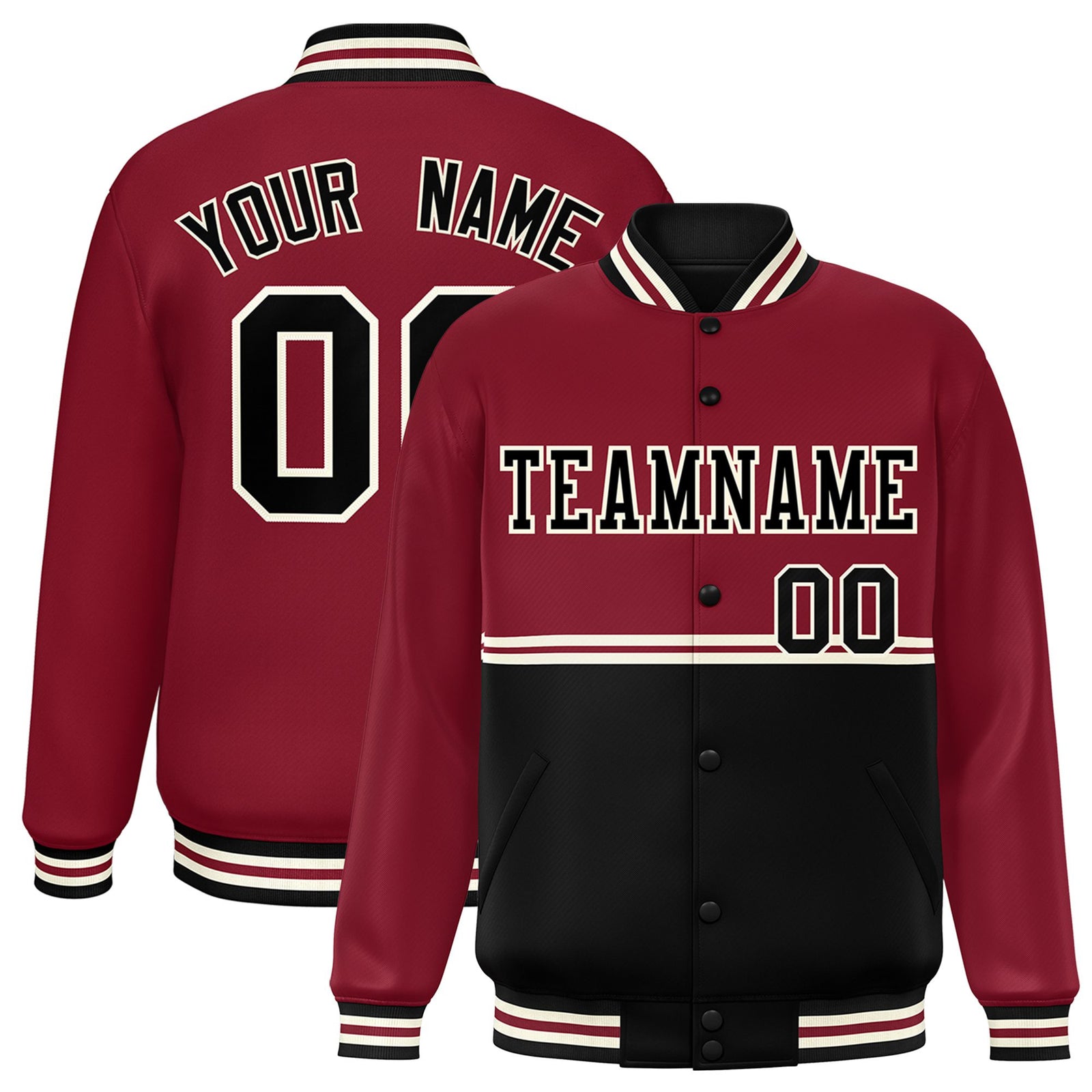 Custom Crimson-Black-Crimson Varsity Full-Snap Letterman Color-Matching Split Fashion Jacket