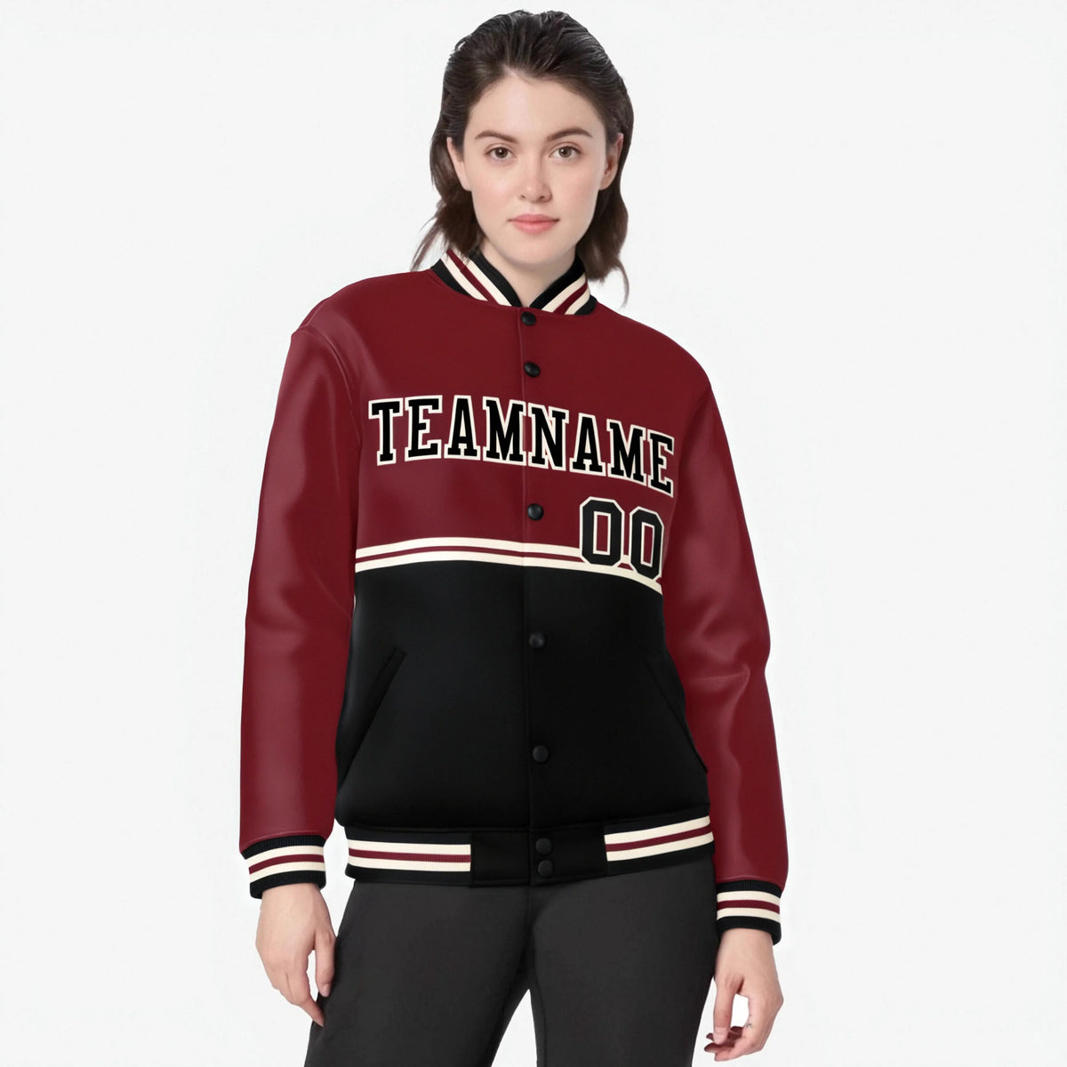 Custom Crimson-Black-Crimson Varsity Full-Snap Letterman Color-Matching Split Fashion Jacket
