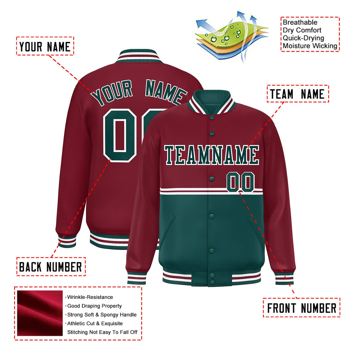 Custom Crimson-Green-Crimson Varsity Full-Snap Letterman Color-Matching Split Fashion Jacket
