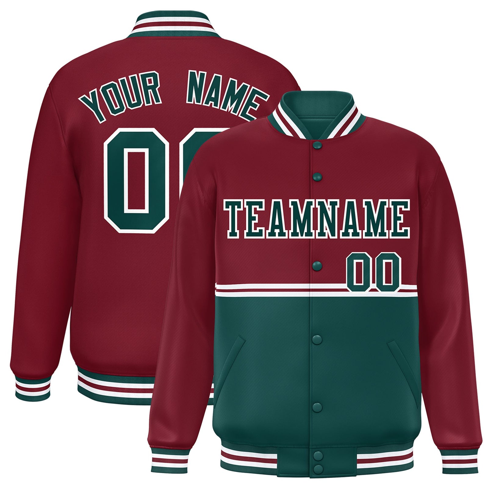 Custom Crimson-Green-Crimson Varsity Full-Snap Letterman Color-Matching Split Fashion Jacket