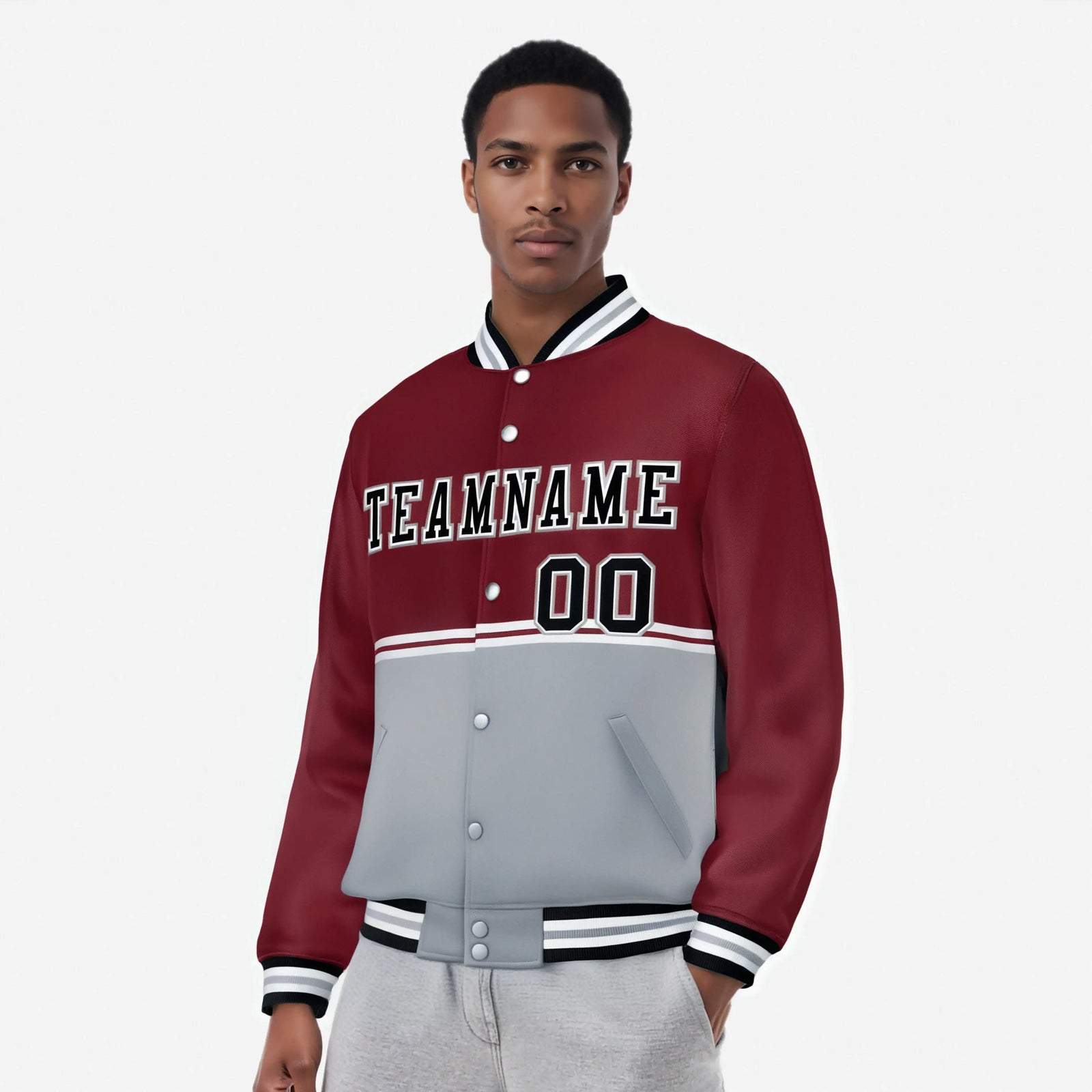 Custom Crimson-Gray-Crimson Varsity Full-Snap Letterman Color-Matching Split Fashion Jacket