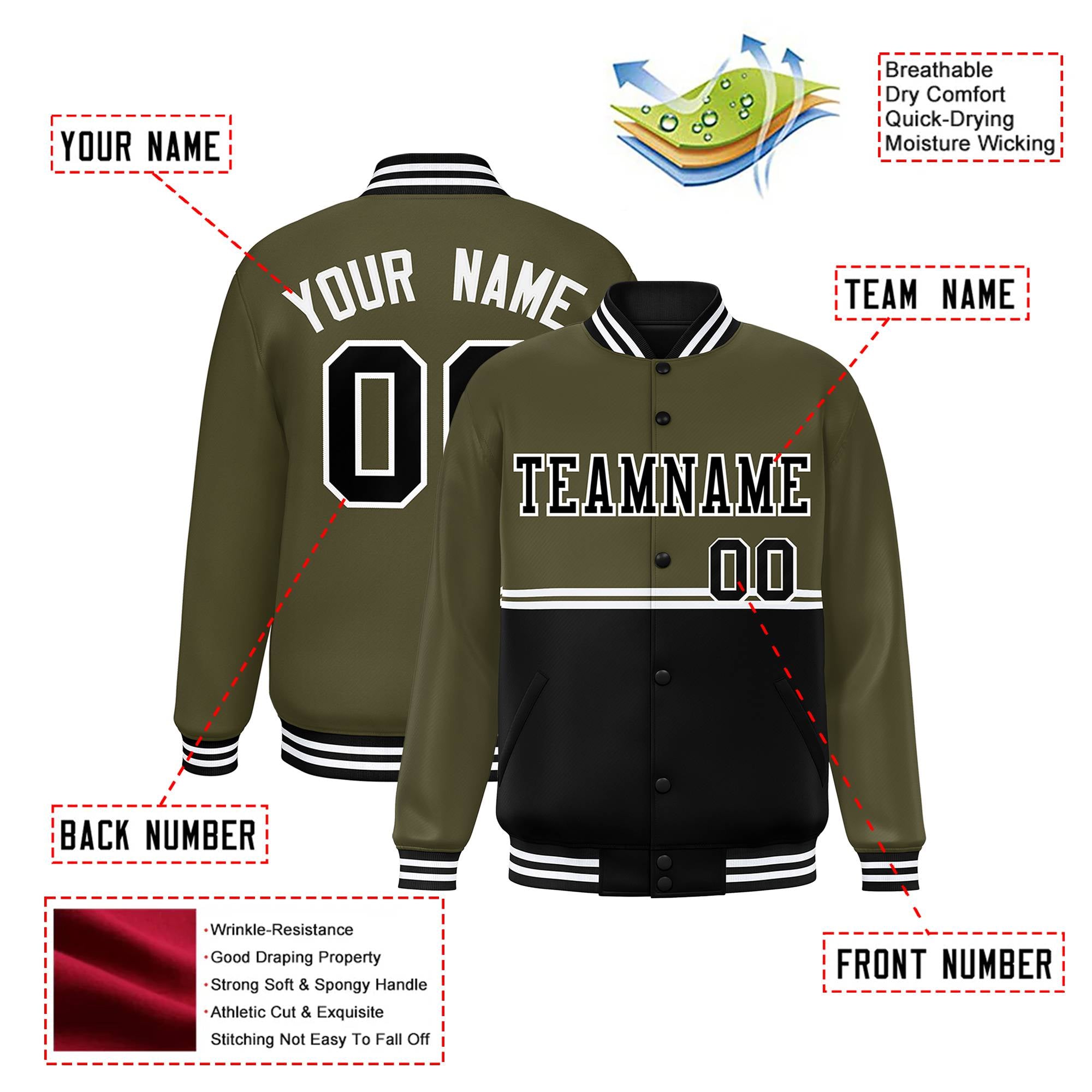 Custom Olive-Black-Olive Varsity Full-Snap Letterman Color-Matching Split Fashion Jacket