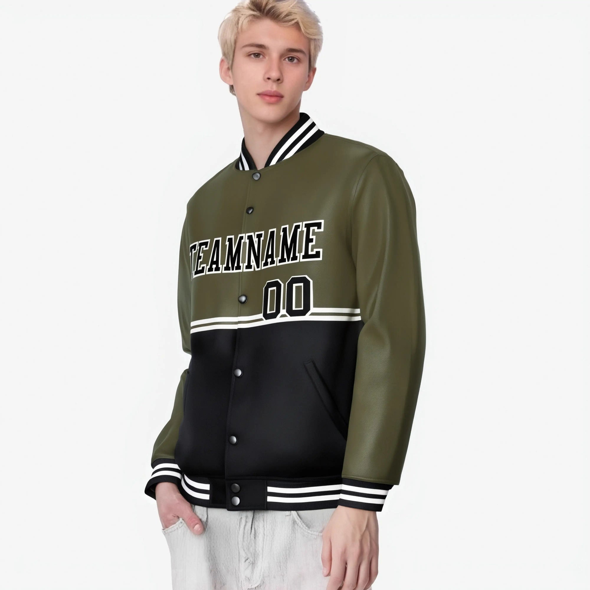 Custom Olive-Black-Olive Varsity Full-Snap Letterman Color-Matching Split Fashion Jacket