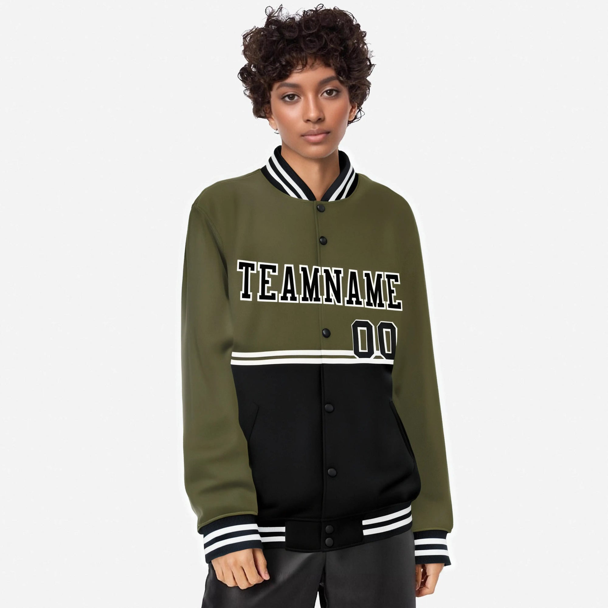 Custom Olive-Black-Olive Varsity Full-Snap Letterman Color-Matching Split Fashion Jacket