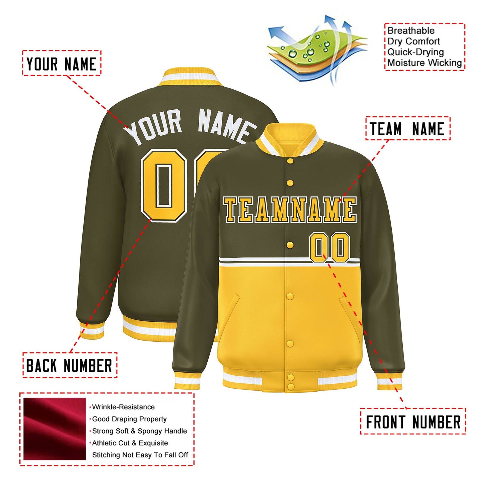 Custom Olive-Gold-Olive Varsity Full-Snap Letterman Color-Matching Split Fashion Jacket