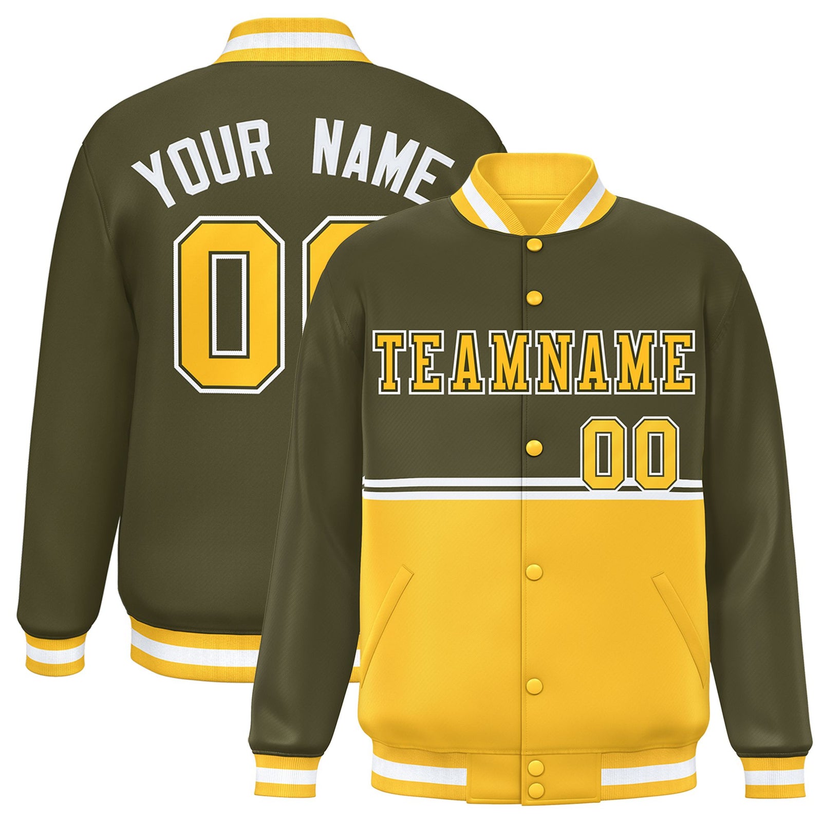 Custom Olive-Gold-Olive Varsity Full-Snap Letterman Color-Matching Split Fashion Jacket