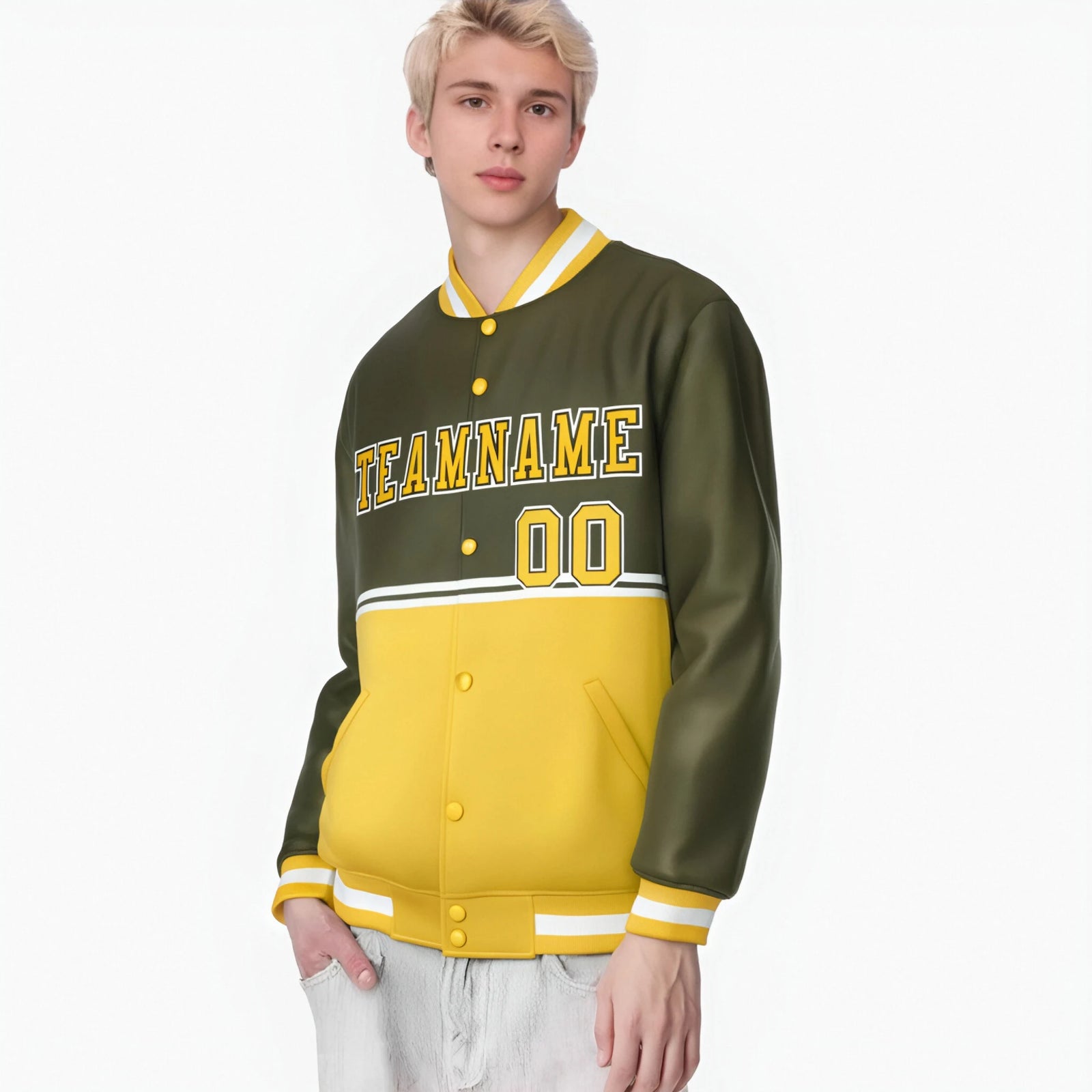 Custom Olive-Gold-Olive Varsity Full-Snap Letterman Color-Matching Split Fashion Jacket