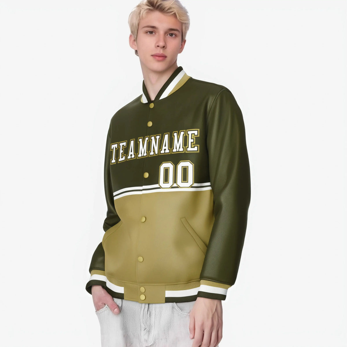 Custom Olive-Old Gold-Olive Varsity Full-Snap Letterman Color-Matching Split Fashion Jacket